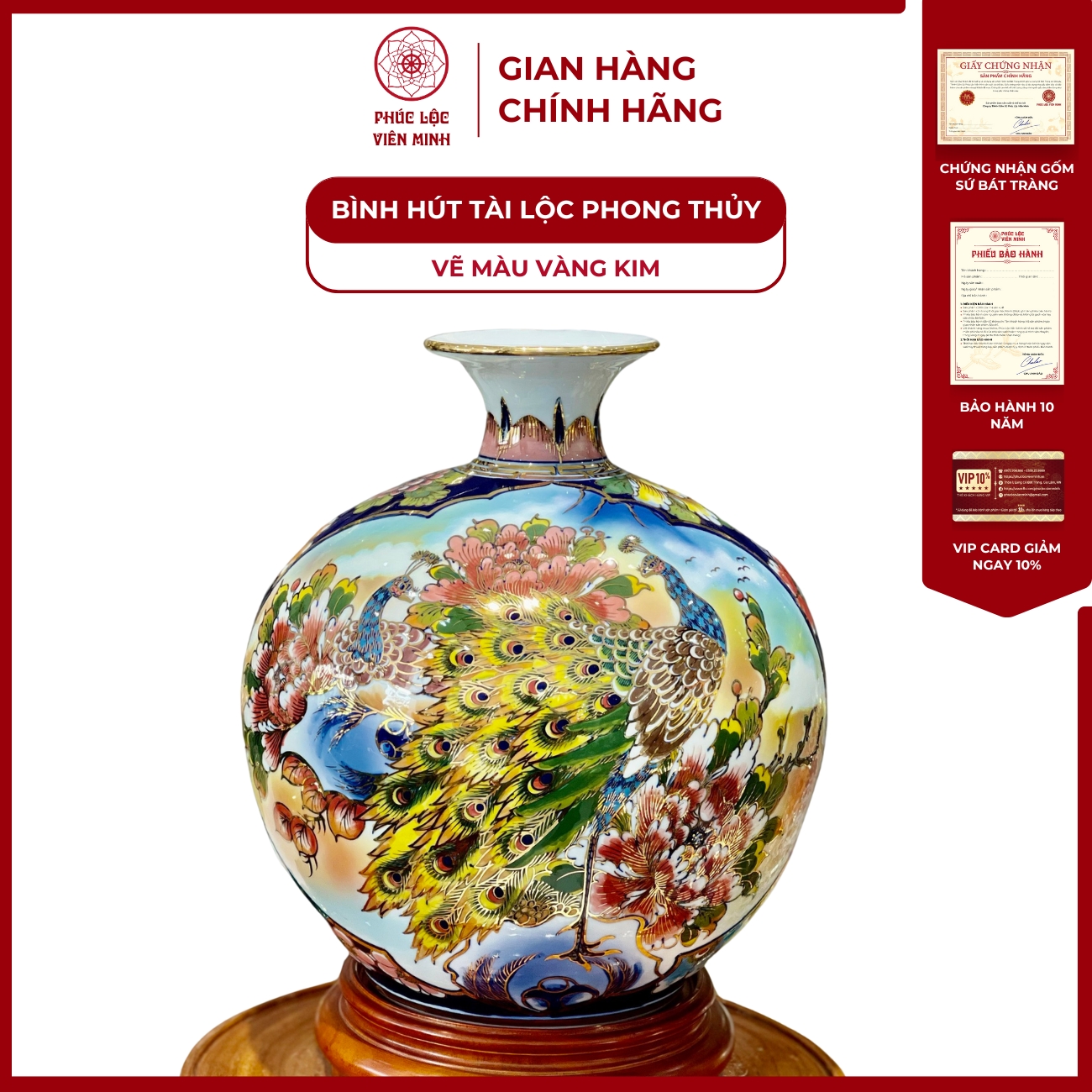 Bình Hút Lộc Nhị Cảnh Vẽ Màu Vàng Kim Gốm Sứ Bát Tràng - Phúc Lộc Viên Minh