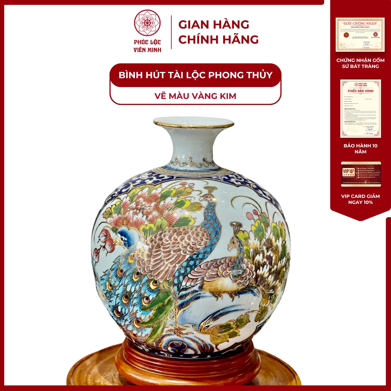 Bình Hút Lộc Nhị Cảnh Vẽ Màu Vàng Kim Gốm Sứ Bát Tràng - Phúc Lộc Viên Minh