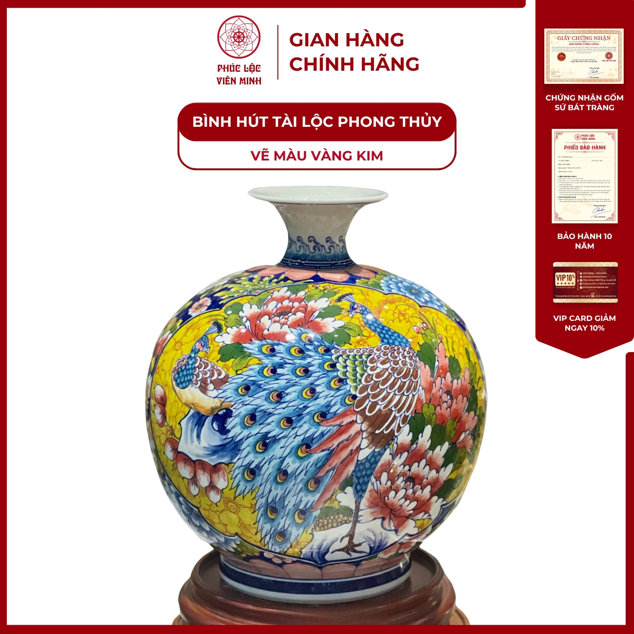 Bình Hút Lộc Nhị Cảnh Vẽ Màu Vàng Kim Gốm Sứ Bát Tràng - Phúc Lộc Viên Minh