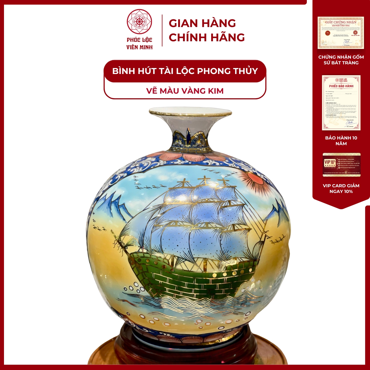 Bình Hút Lộc Nhị Cảnh Vẽ Màu Vàng Kim Gốm Sứ Bát Tràng - Phúc Lộc Viên Minh