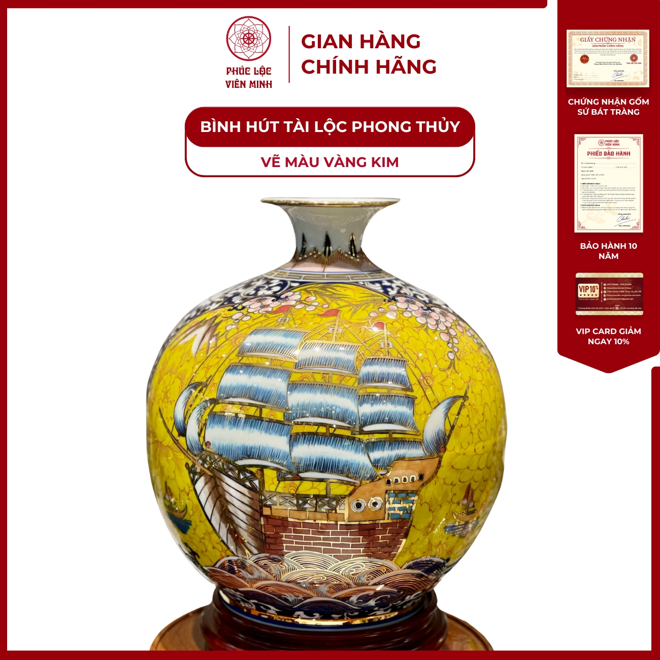 Bình Hút Lộc Nhị Cảnh Vẽ Màu Vàng Kim Gốm Sứ Bát Tràng - Phúc Lộc Viên MinhPLVM