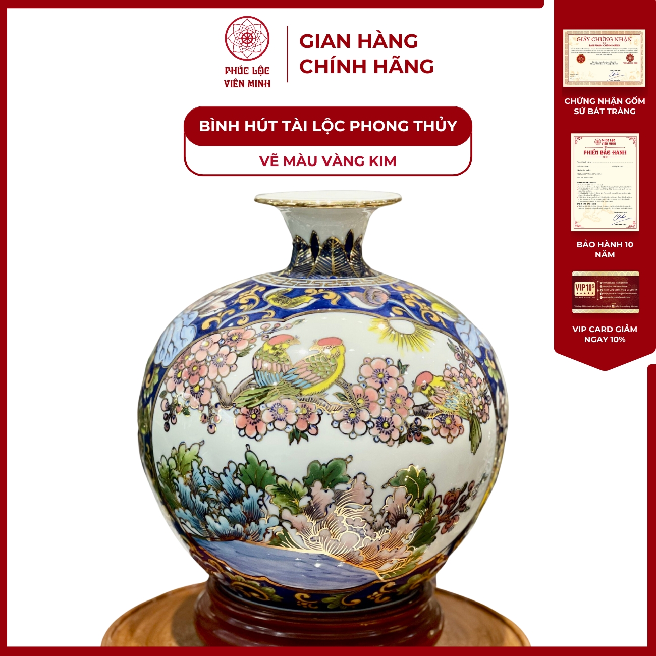 Bình Hút Lộc Vẽ Màu Vàng Kim Nhị Cảnh Gốm Sứ Bát Tràng  - Phúc Lộc Viên Minh