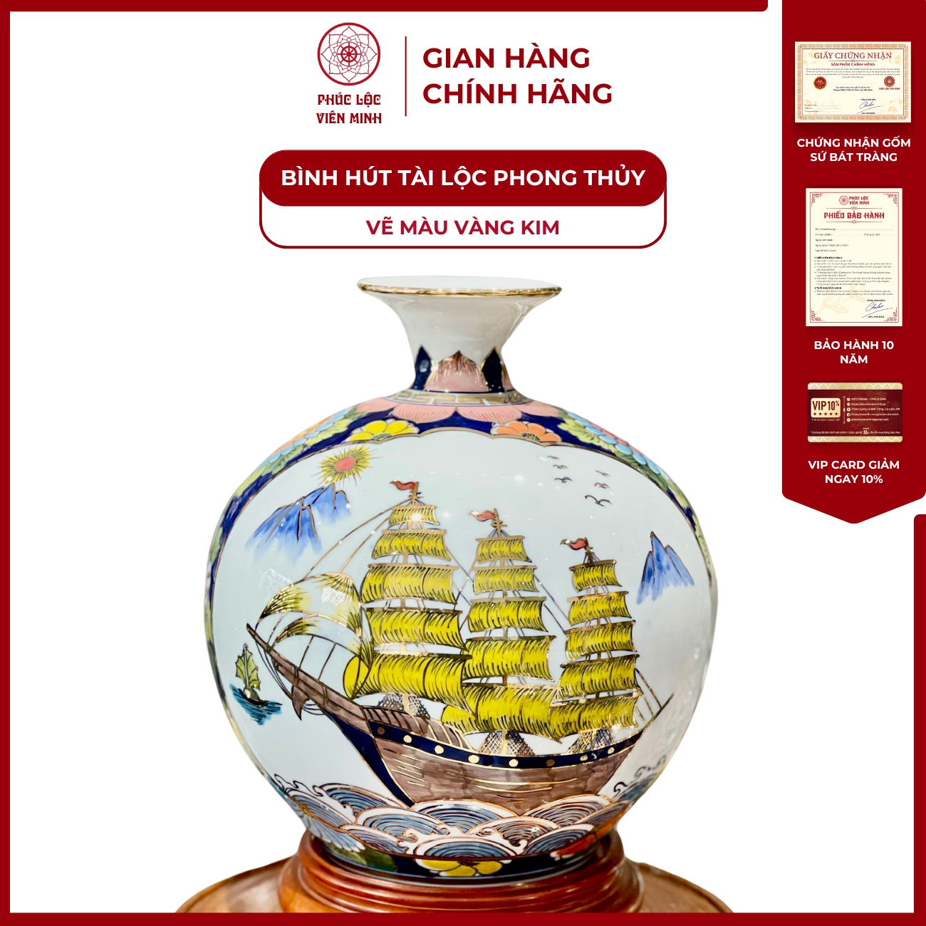 Bình Hút Lộc Vẽ Màu Vàng Kim Nhị Cảnh Gốm Sứ Bát Tràng  - Phúc Lộc Viên Minh