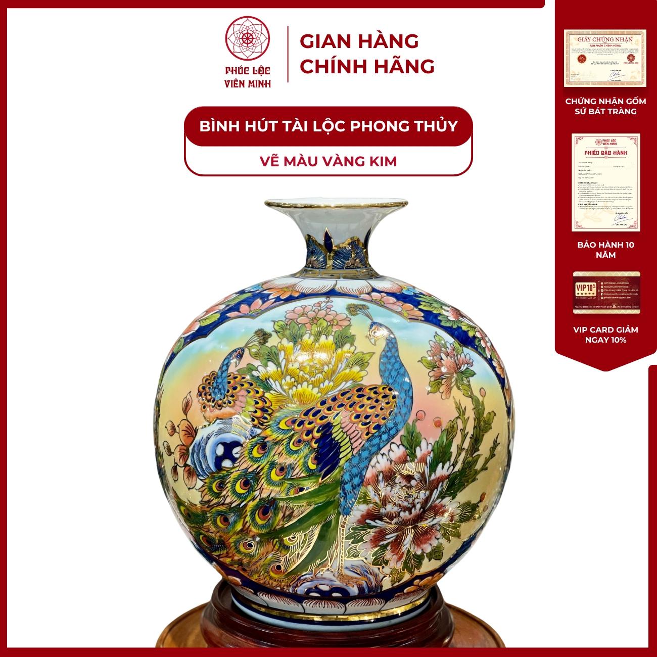 Bình Hút Lộc Nhị Cảnh Vẽ Màu Vàng Kim Gốm Sứ Bát Tràng - Phúc Lộc Viên Minh