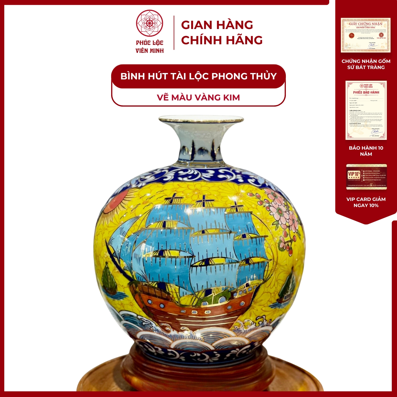 Bình Hút Lộc Nhị Cảnh Vẽ Màu Vàng Kim Gốm Sứ Bát Tràng - Phúc Lộc Viên Minh