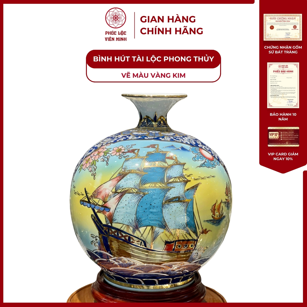 Bình Hút Lộc Nhị Cảnh Vẽ Màu Vàng Kim Gốm Sứ Bát Tràng - Phúc Lộc Viên Minh
