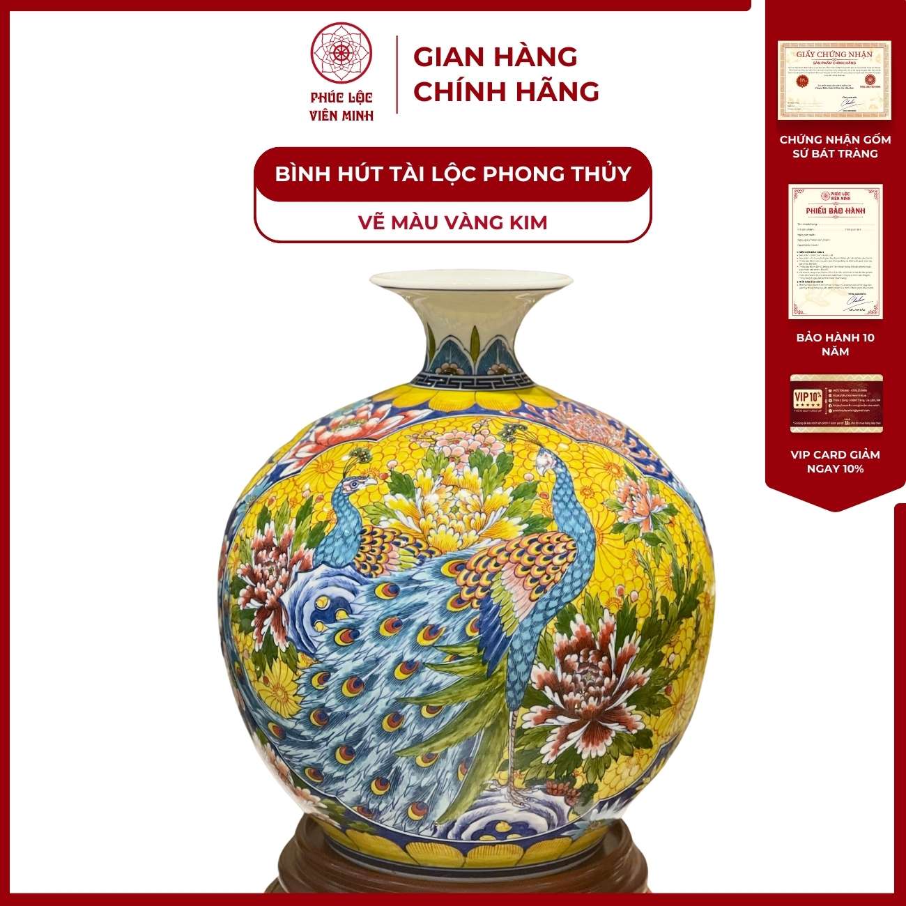 Bình Hút Lộc Nhị Cảnh Vẽ Màu Vàng Kim Gốm Sứ Bát Tràng - Phúc Lộc Viên Minh