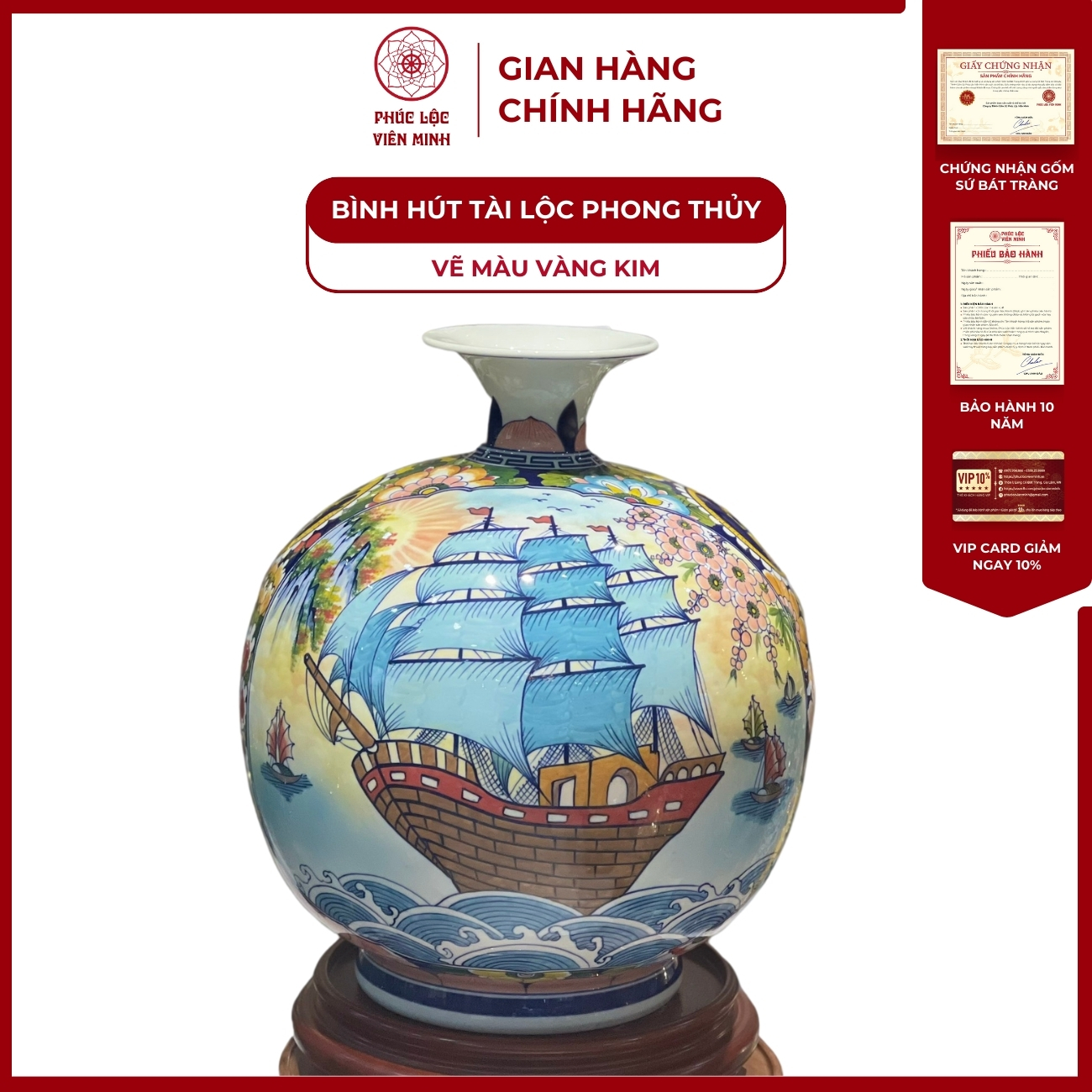 Bình Hút Lộc Nhị Cảnh Vẽ Màu Vàng Kim Gốm Sứ Bát Tràng - Phúc Lộc Viên Minh