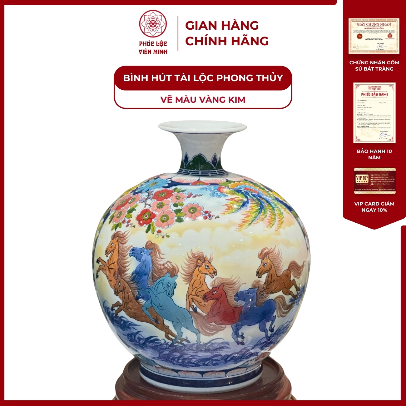 Bình Hút Lộc Nhị Cảnh Vẽ Màu Vàng Kim Gốm Sứ Bát Tràng - Phúc Lộc Viên Minh