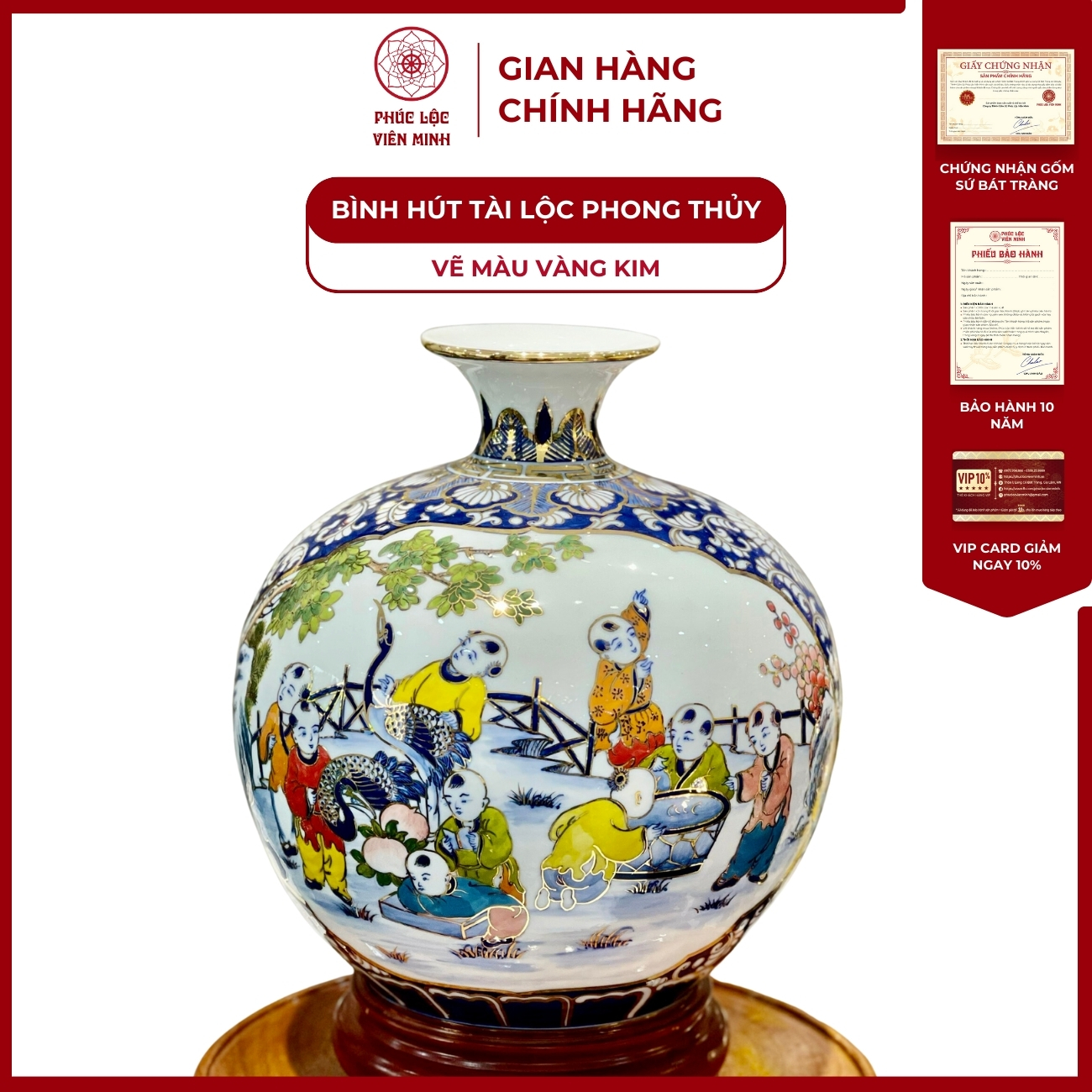 Bình Hút Lộc Nhị Cảnh Vẽ Màu Vàng Kim Gốm Sứ Bát Tràng - Phúc Lộc Viên Minh