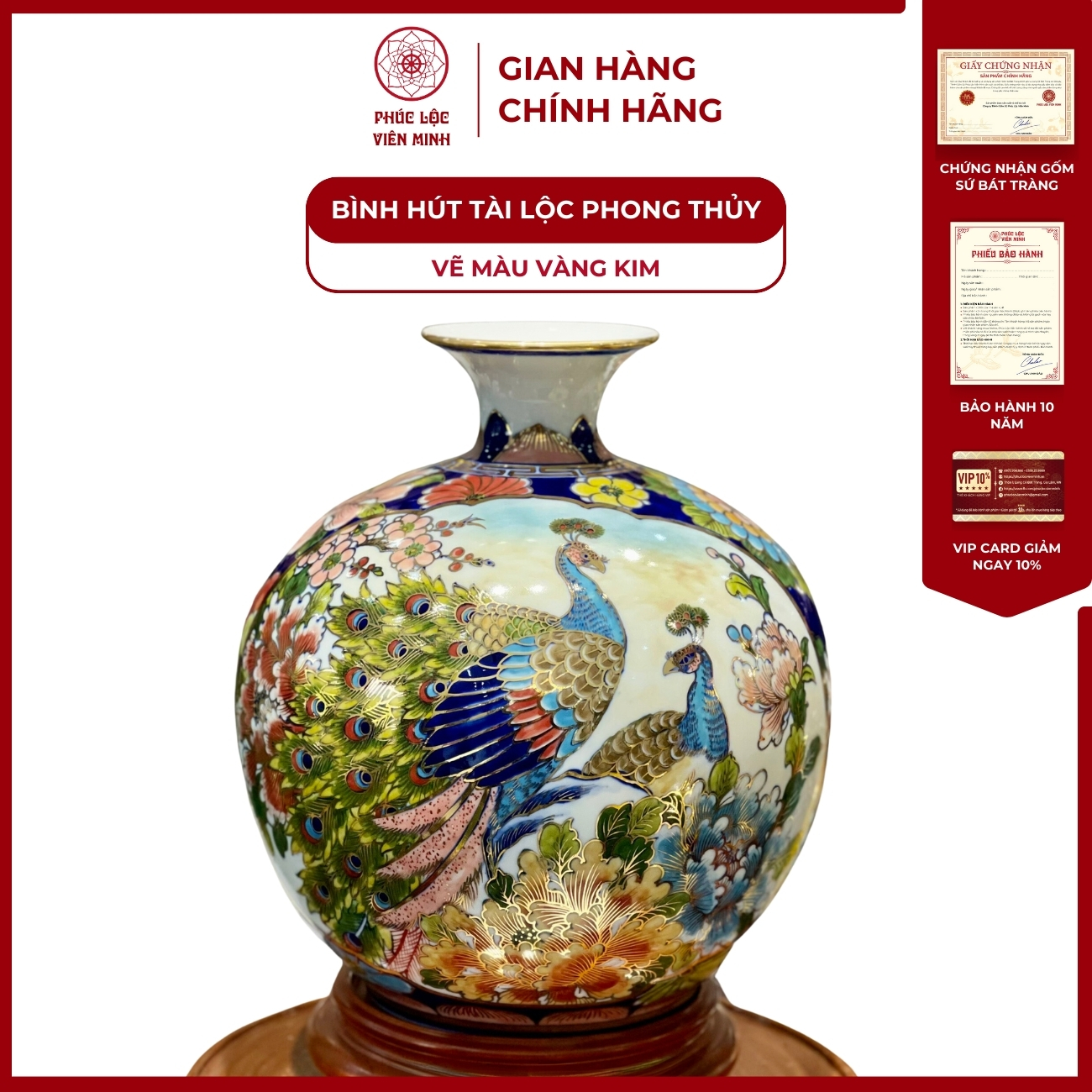 Bình Hút Lộc Nhị Cảnh Vẽ Màu Vàng Kim Gốm Sứ Bát Tràng - Phúc Lộc Viên Minh