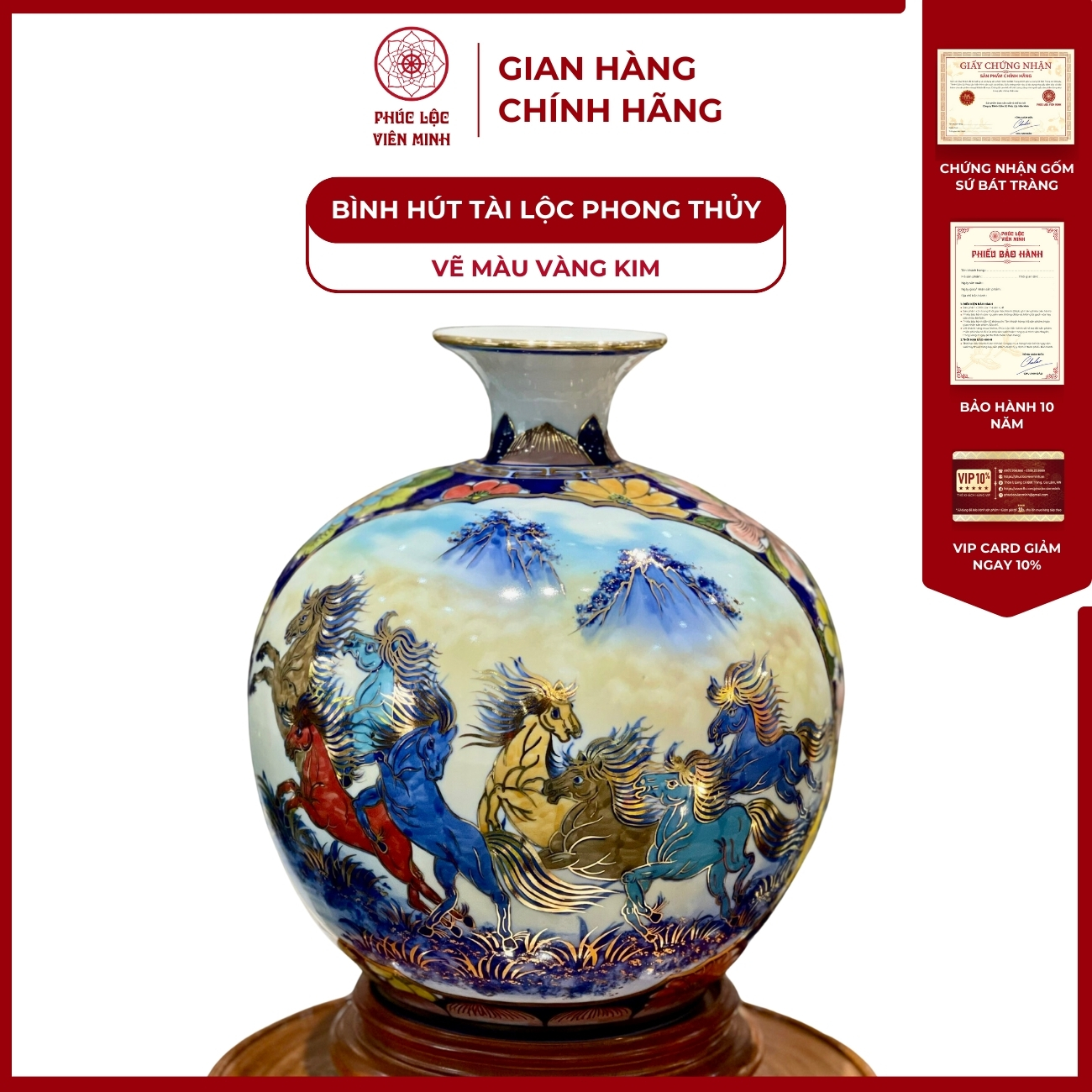 Bình Hút Lộc Nhị Cảnh Vẽ Màu Vàng Kim Gốm Sứ Bát Tràng - Phúc Lộc Viên Minh