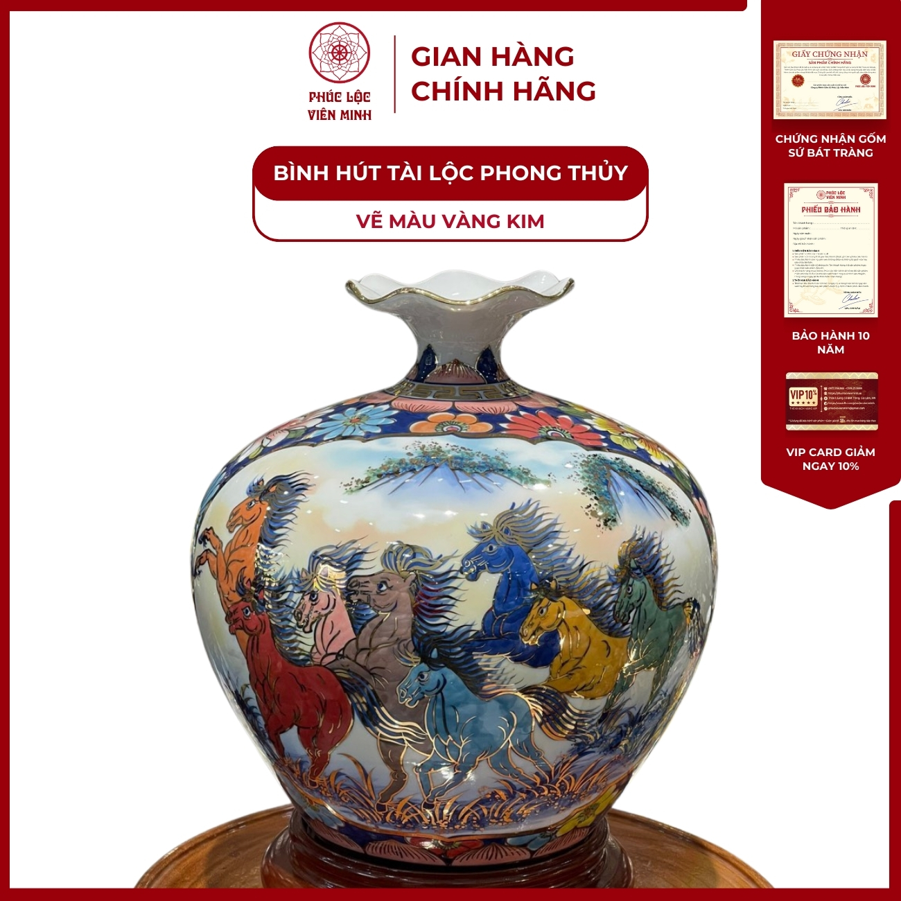 Bình Hút Lộc Nhị Cảnh Vẽ Màu Vàng Kim Gốm Sứ Bát Tràng - Phúc Lộc Viên Minh