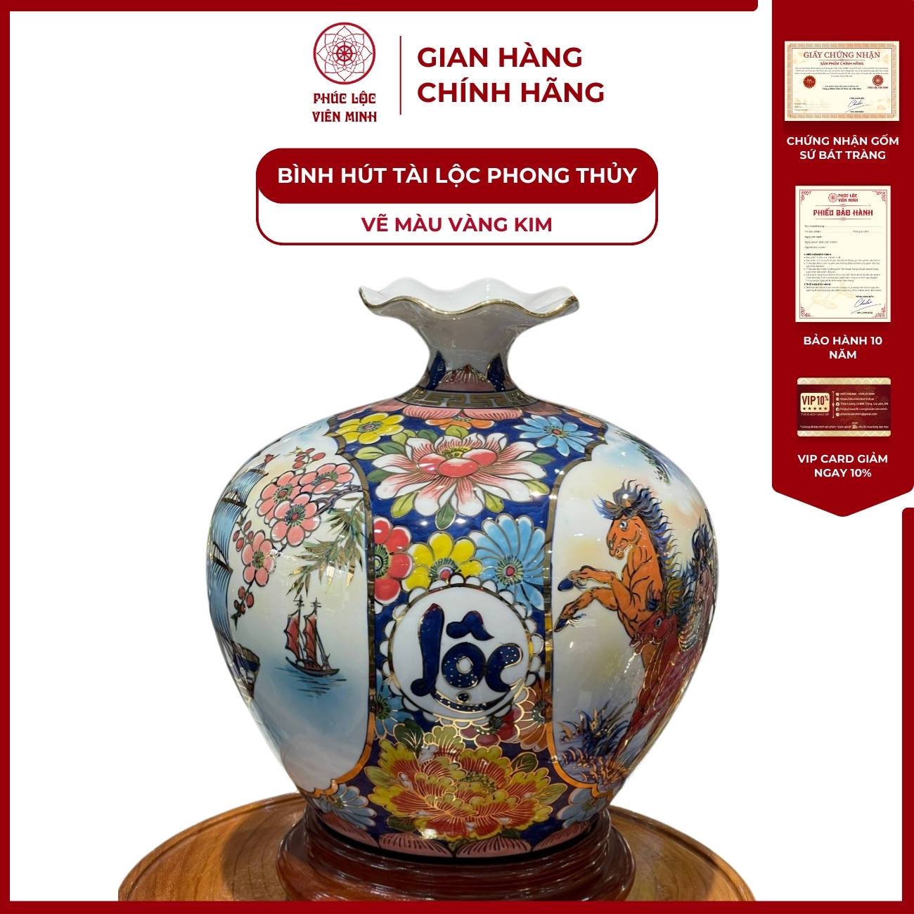 Bình Hút Lộc Nhị Cảnh Vẽ Màu Vàng Kim Gốm Sứ Bát Tràng - Phúc Lộc Viên Minh
