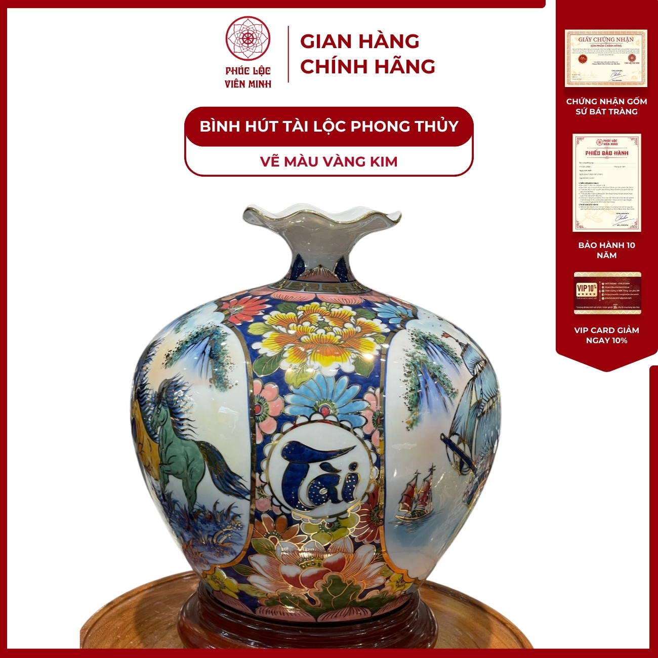 Bình Hút Lộc Nhị Cảnh Vẽ Màu Vàng Kim Gốm Sứ Bát Tràng - Phúc Lộc Viên Minh