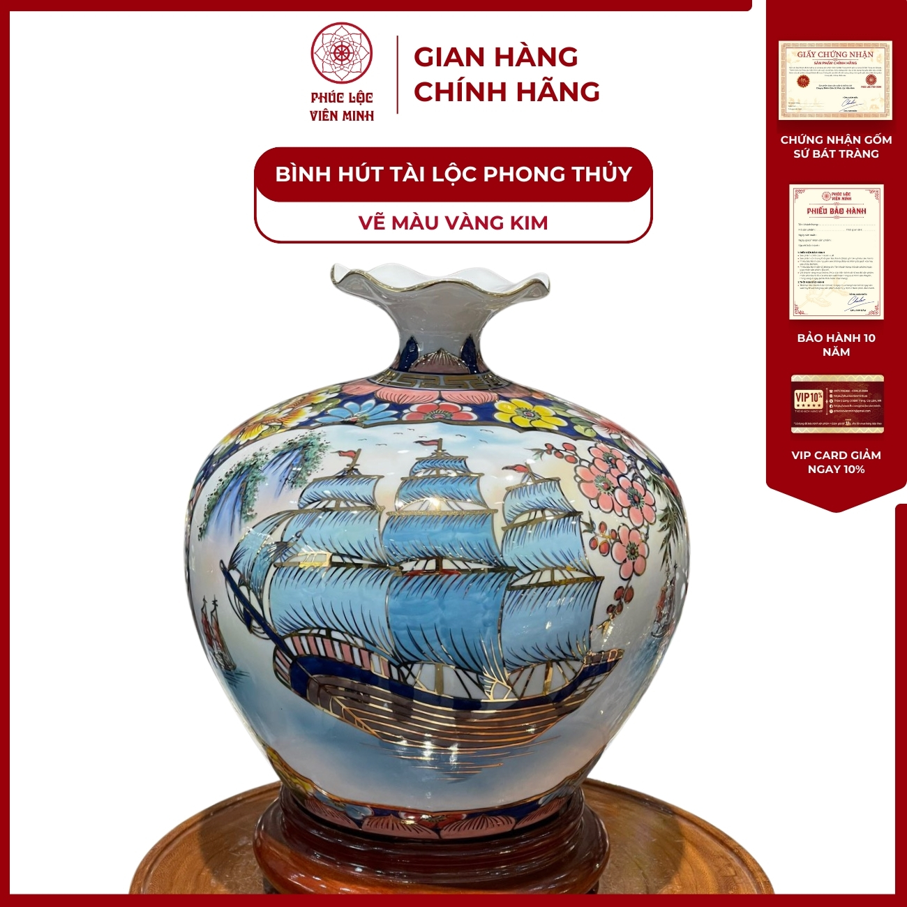 Bình Hút Lộc Nhị Cảnh Vẽ Màu Vàng Kim Gốm Sứ Bát Tràng - Phúc Lộc Viên Minh