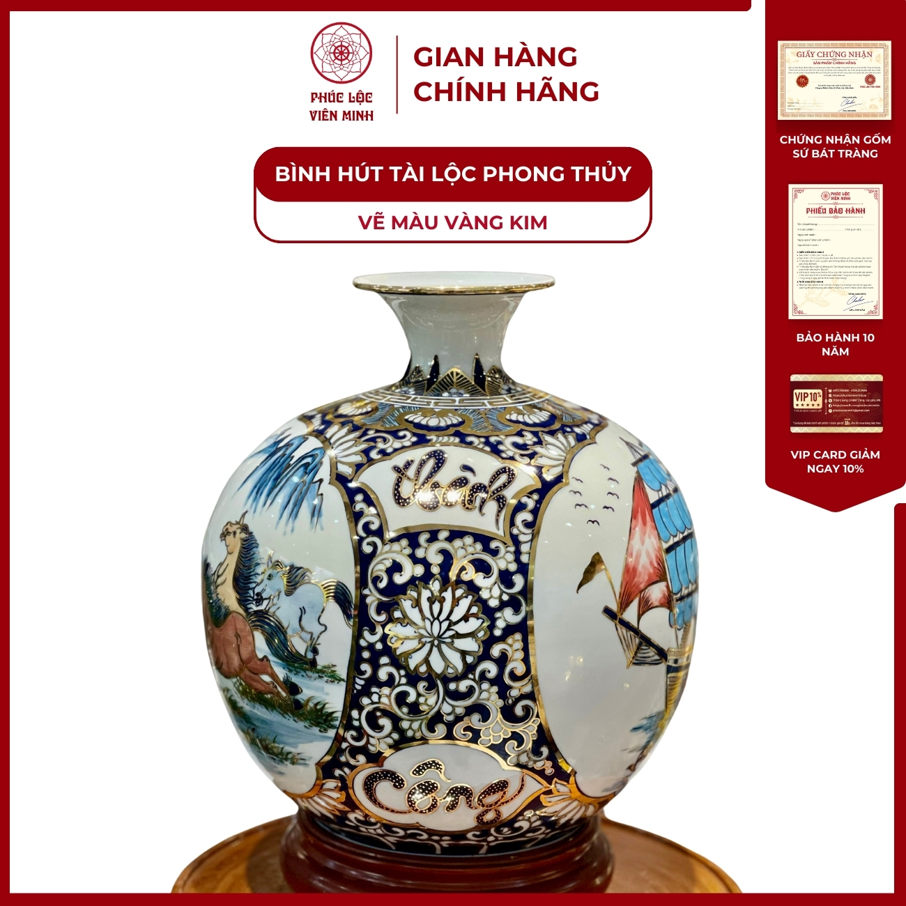Bình Hút Lộc Nhị Cảnh Vẽ Màu Vàng Kim Gốm Sứ Bát Tràng - Phúc Lộc Viên Minh