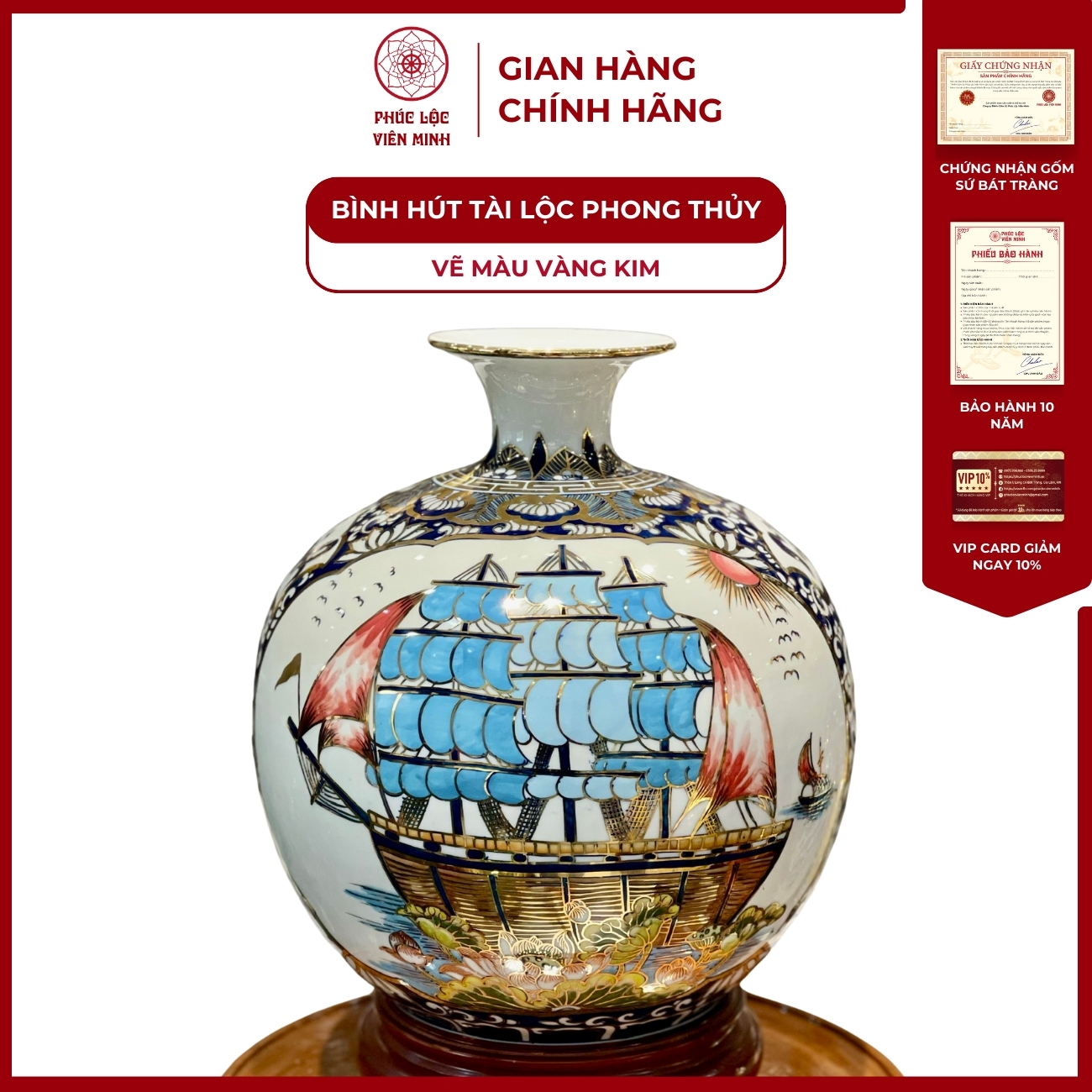 Bình Hút Lộc Nhị Cảnh Vẽ Màu Vàng Kim Gốm Sứ Bát Tràng - Phúc Lộc Viên Minh