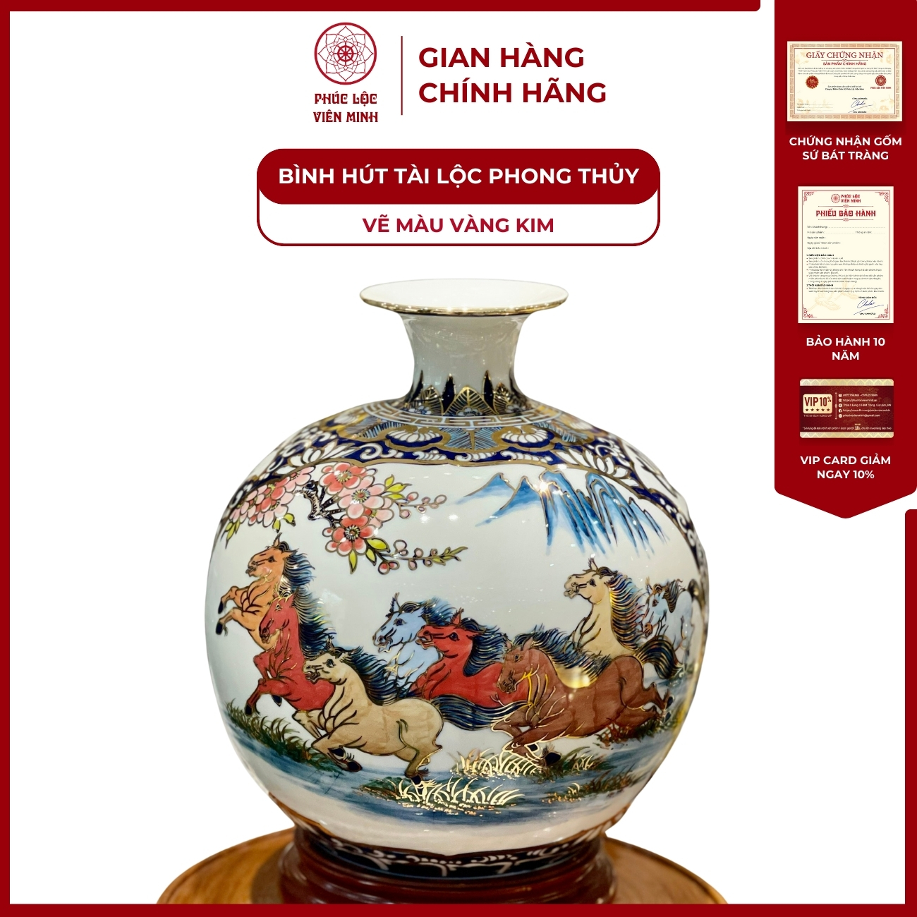 Bình Hút Lộc Nhị Cảnh Vẽ Màu Vàng Kim Gốm Sứ Bát Tràng - Phúc Lộc Viên Minh