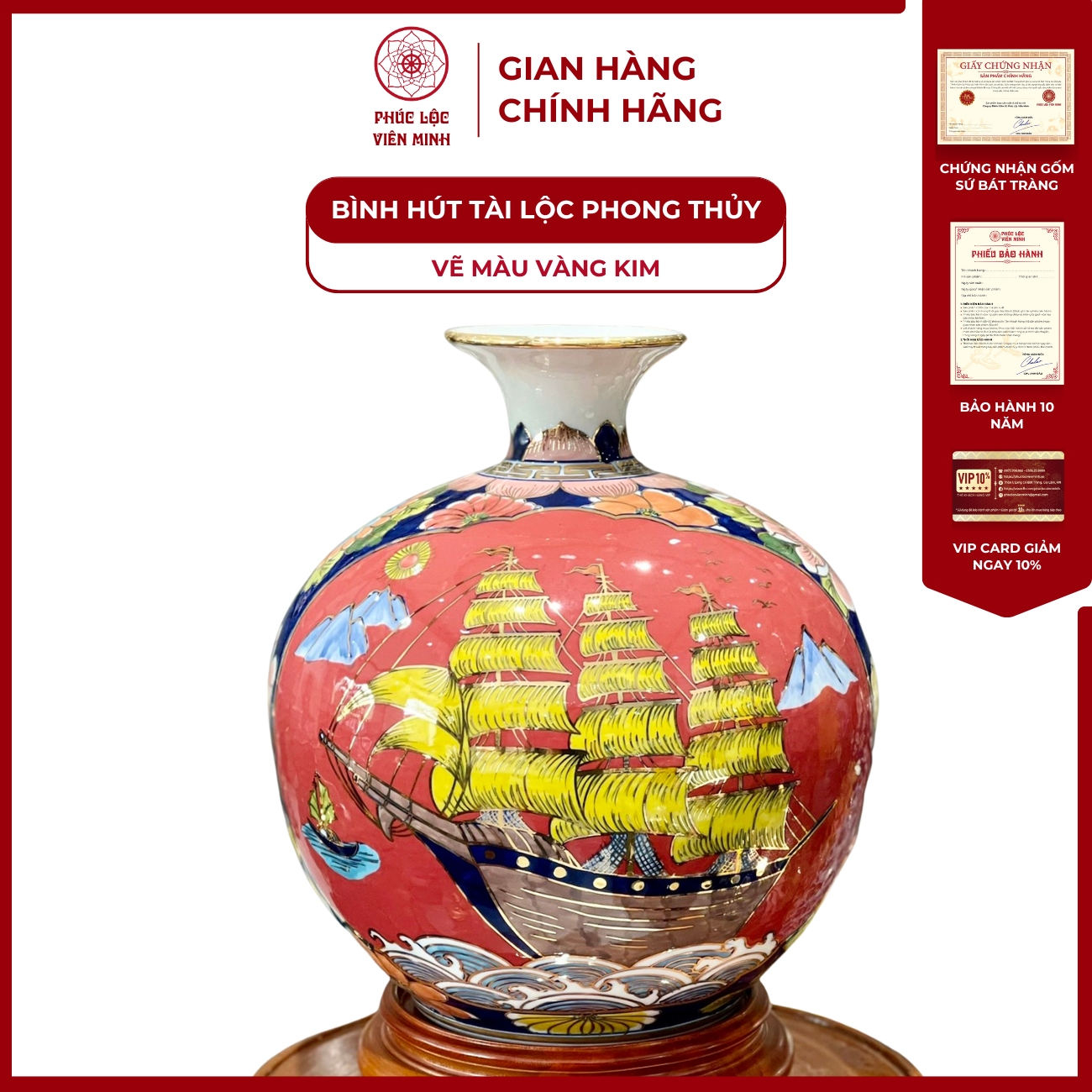 Bình Hút Lộc Nhị Cảnh Vẽ Màu Vàng Kim Gốm Sứ Bát Tràng - Phúc Lộc Viên Minh
