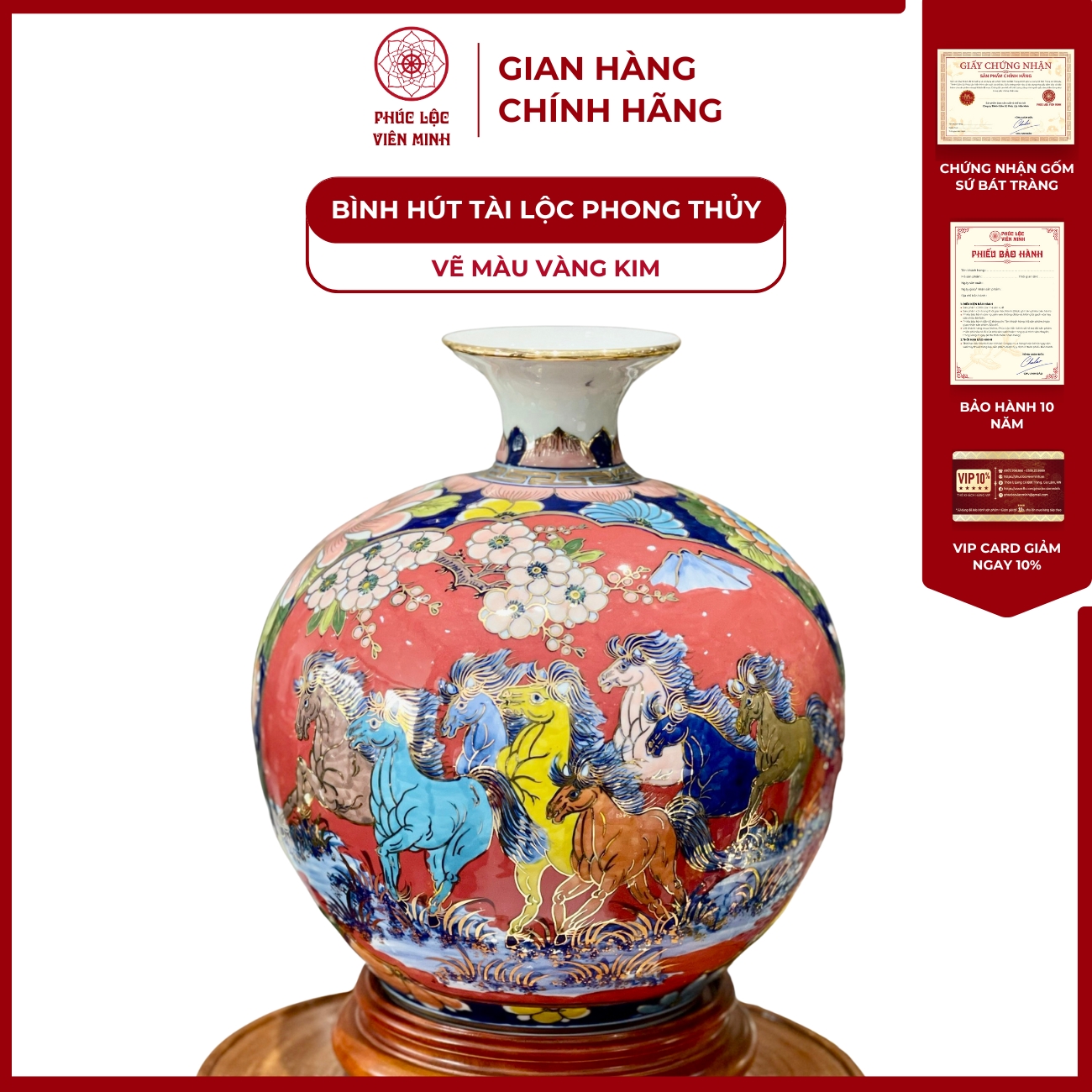 Bình Hút Lộc Nhị Cảnh Vẽ Màu Vàng Kim Gốm Sứ Bát Tràng - Phúc Lộc Viên Minh