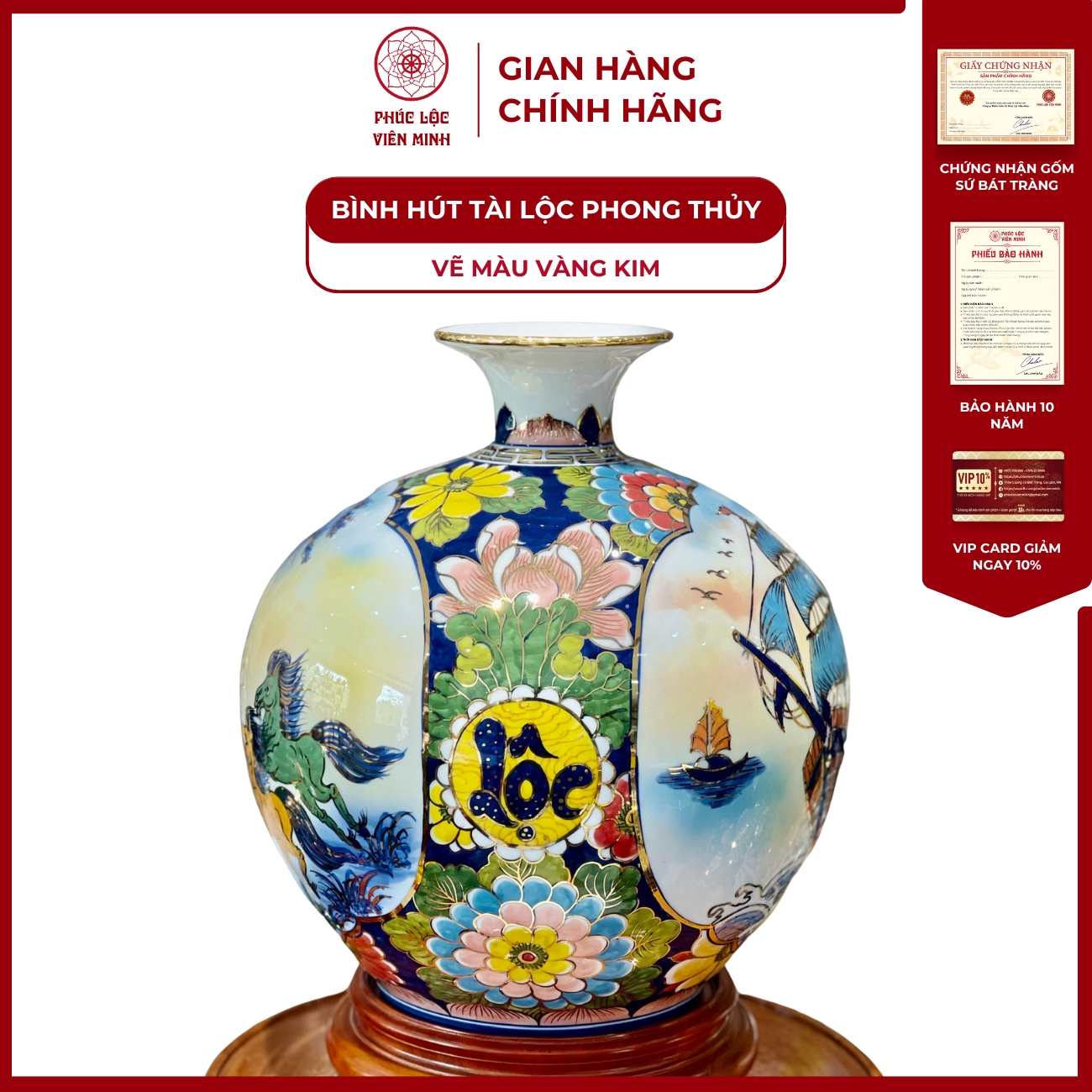 Bình Hút Lộc Nhị Cảnh Vẽ Màu Vàng Kim Gốm Sứ Bát Tràng - Phúc Lộc Viên Minh