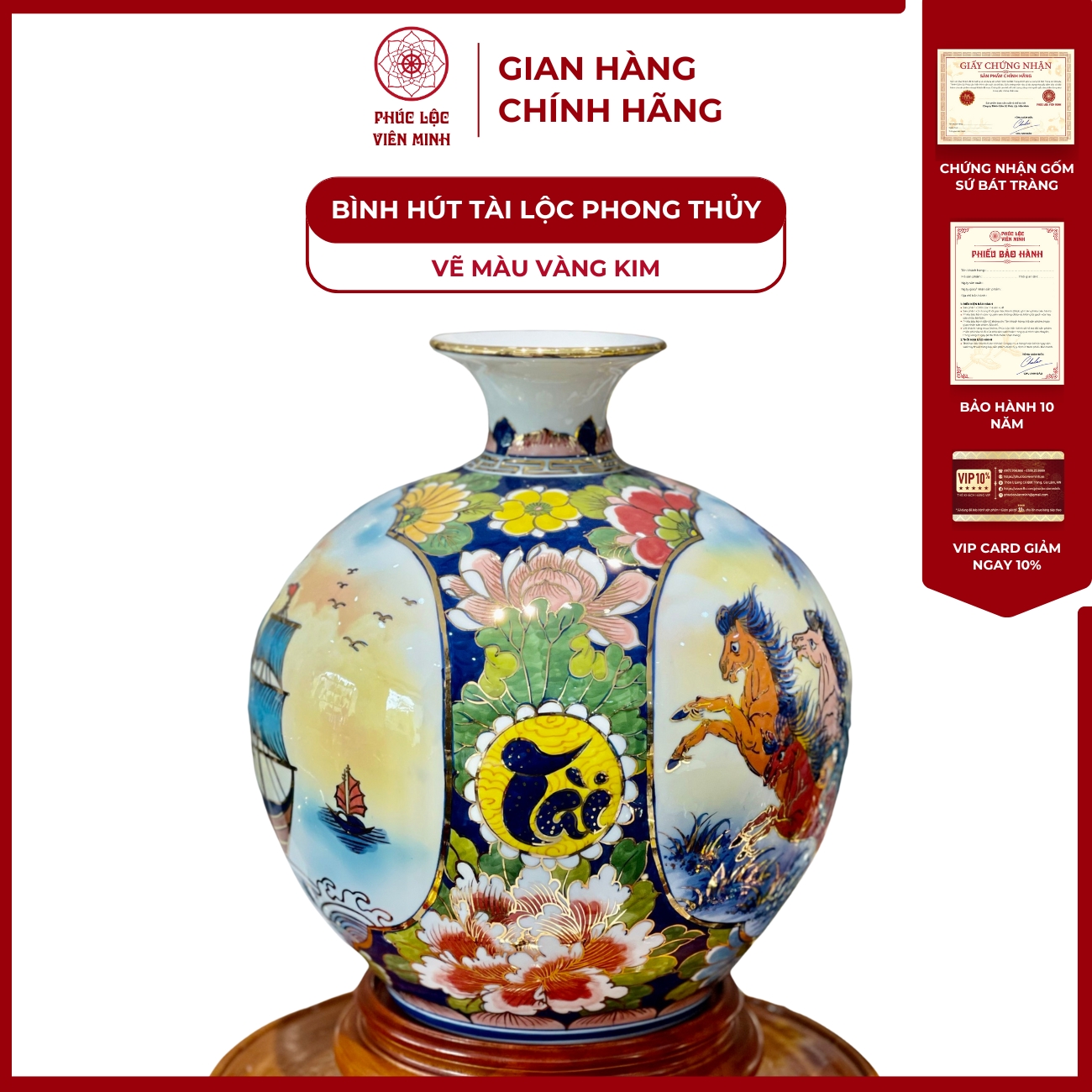 Bình Hút Lộc Nhị Cảnh Vẽ Màu Vàng Kim Gốm Sứ Bát Tràng - Phúc Lộc Viên Minh