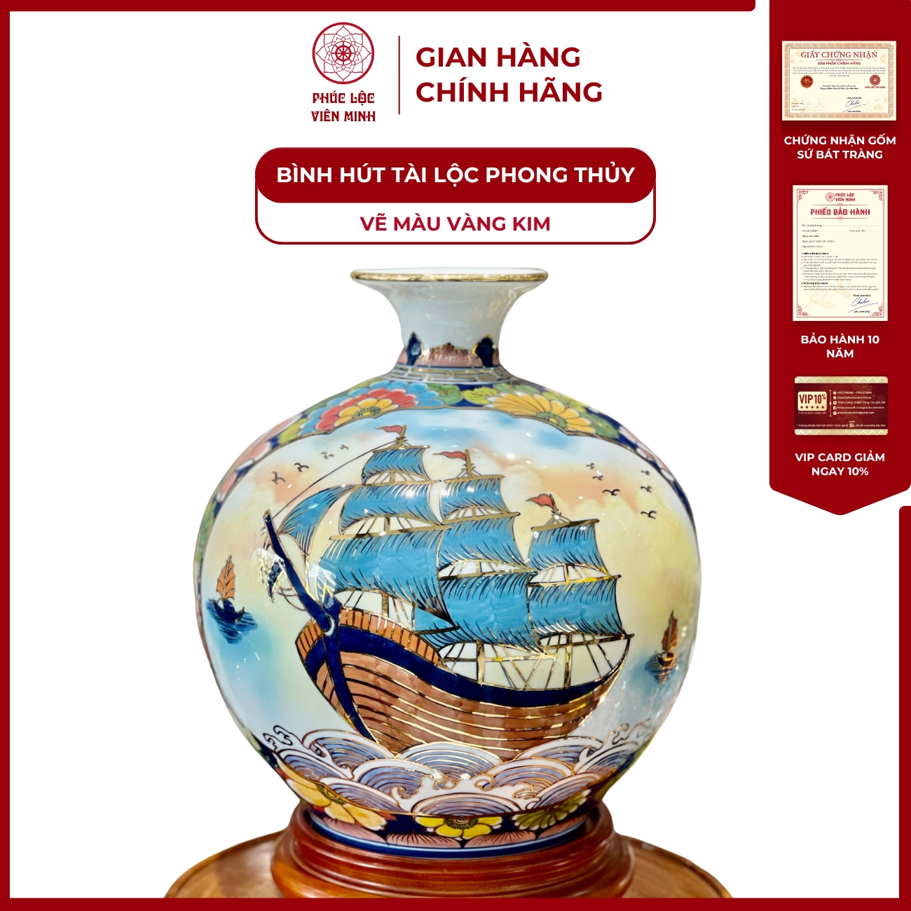 Bình Hút Lộc Nhị Cảnh Vẽ Màu Vàng Kim Gốm Sứ Bát Tràng - Phúc Lộc Viên Minh