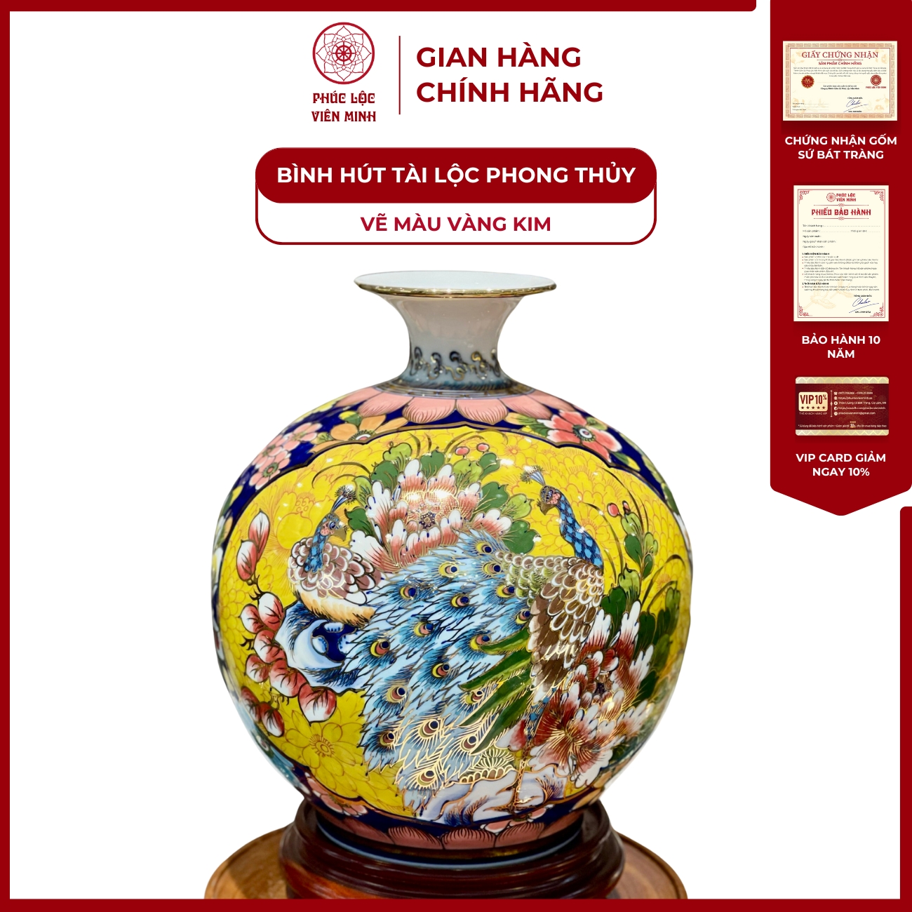 Bình Hút Lộc Nhị Cảnh Vẽ Màu Vàng Kim Gốm Sứ Bát Tràng - Phúc Lộc Viên Minh