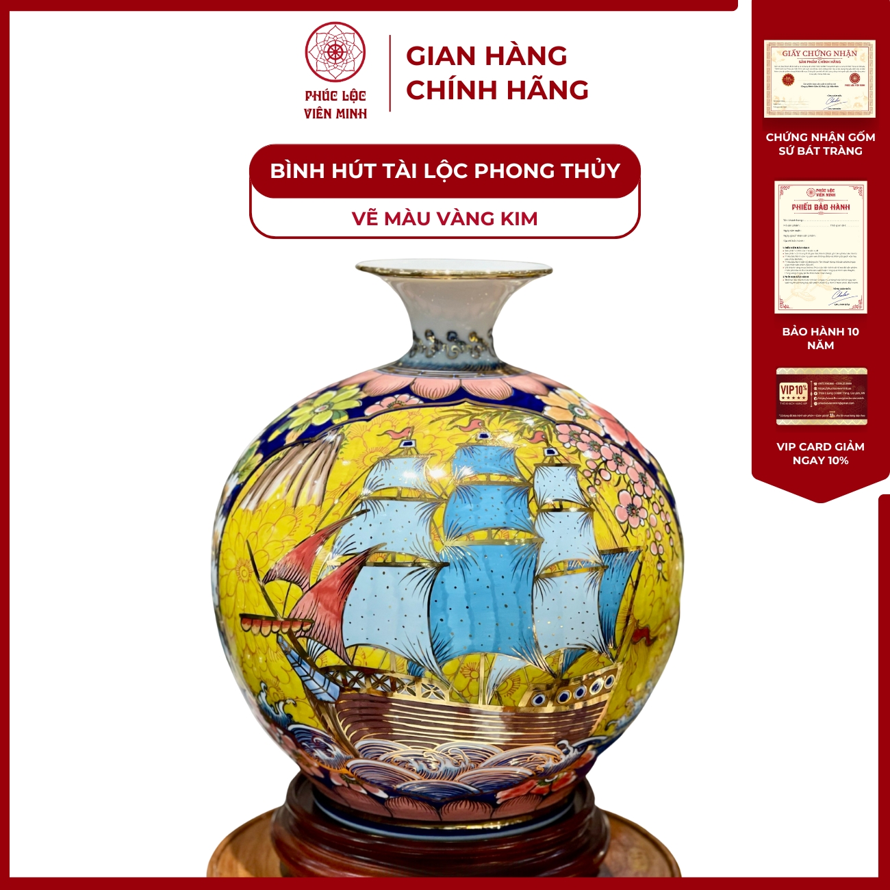 Bình Hút Lộc Nhị Cảnh Vẽ Màu Vàng Kim Gốm Sứ Bát Tràng - Phúc Lộc Viên Minh