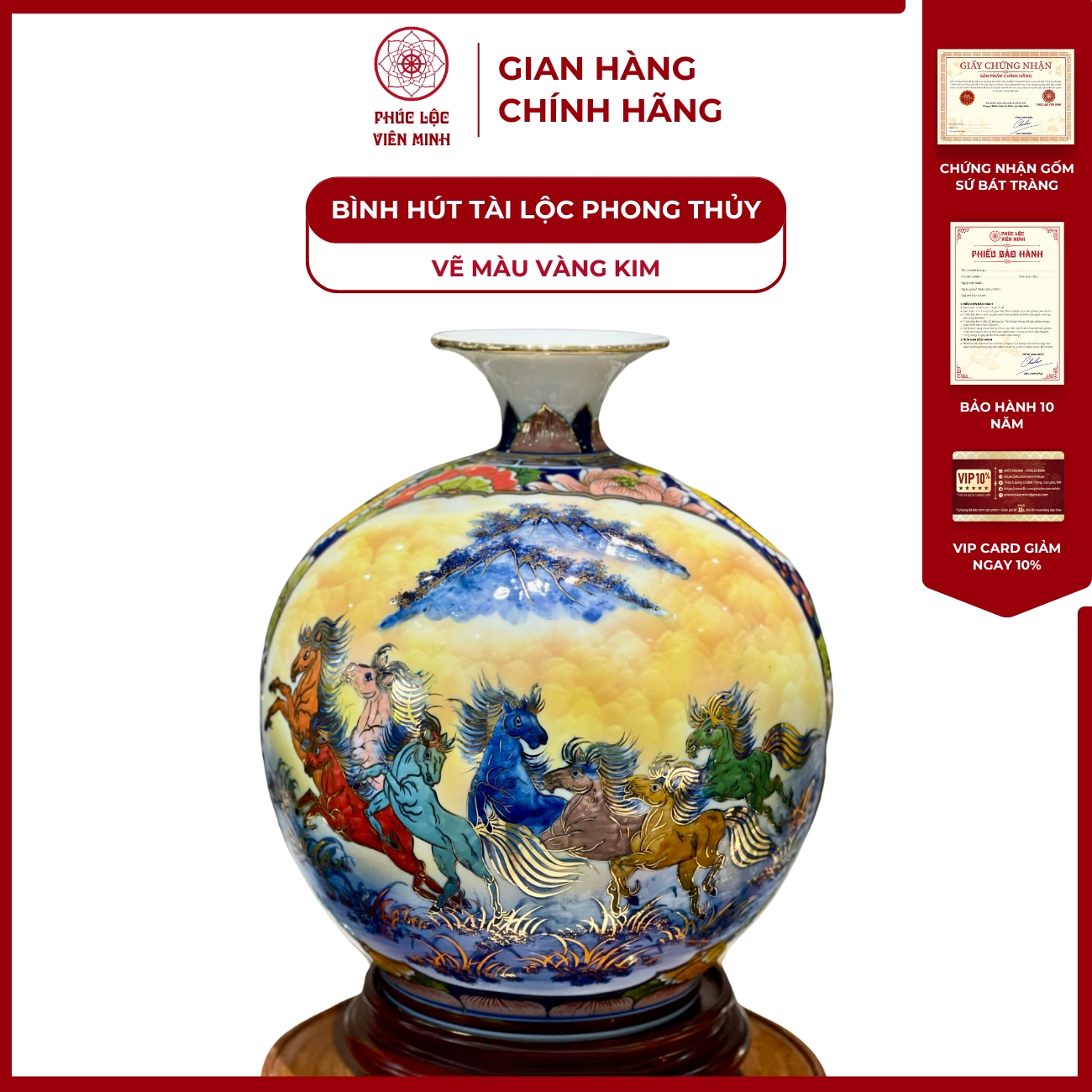 Bình Hút Lộc Nhị Cảnh Vẽ Màu Vàng Kim Gốm Sứ Bát Tràng - Phúc Lộc Viên Minh