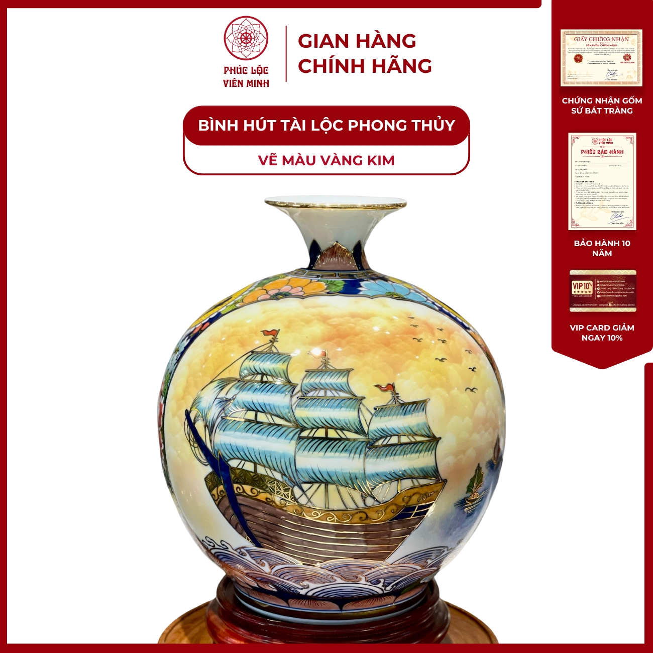 Bình Hút Lộc Nhị Cảnh Vẽ Màu Vàng Kim Gốm Sứ Bát Tràng - Phúc Lộc Viên Minh