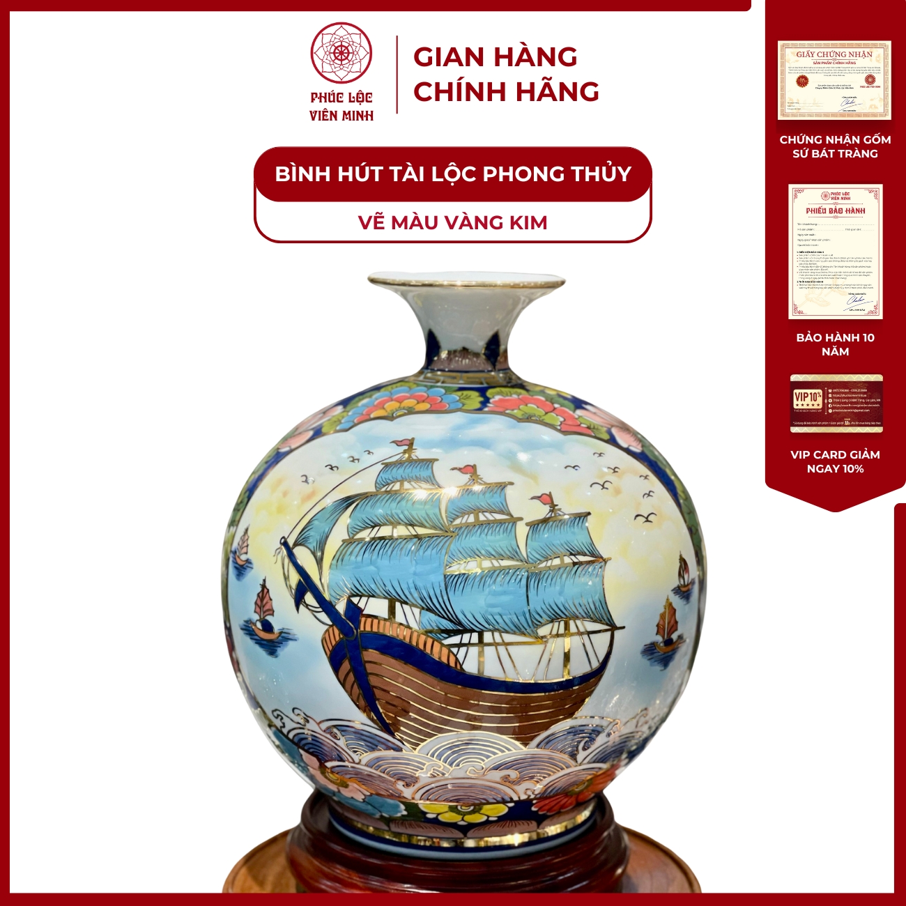 Bình Hút Lộc Nhị Cảnh Vẽ Màu Vàng Kim Gốm Sứ Bát Tràng - Phúc Lộc Viên Minh