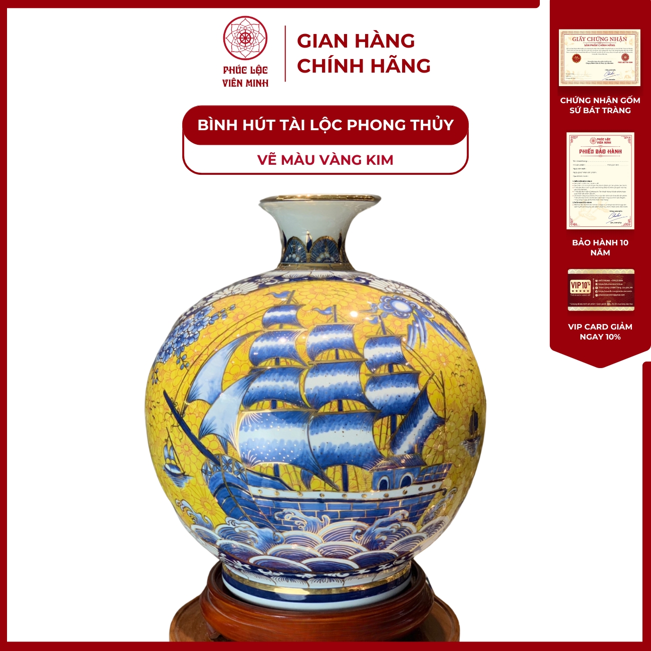 Bình Hút Lộc Nhị Cảnh Vẽ Màu Vàng Kim Gốm Sứ Bát Tràng - Phúc Lộc Viên Minh
