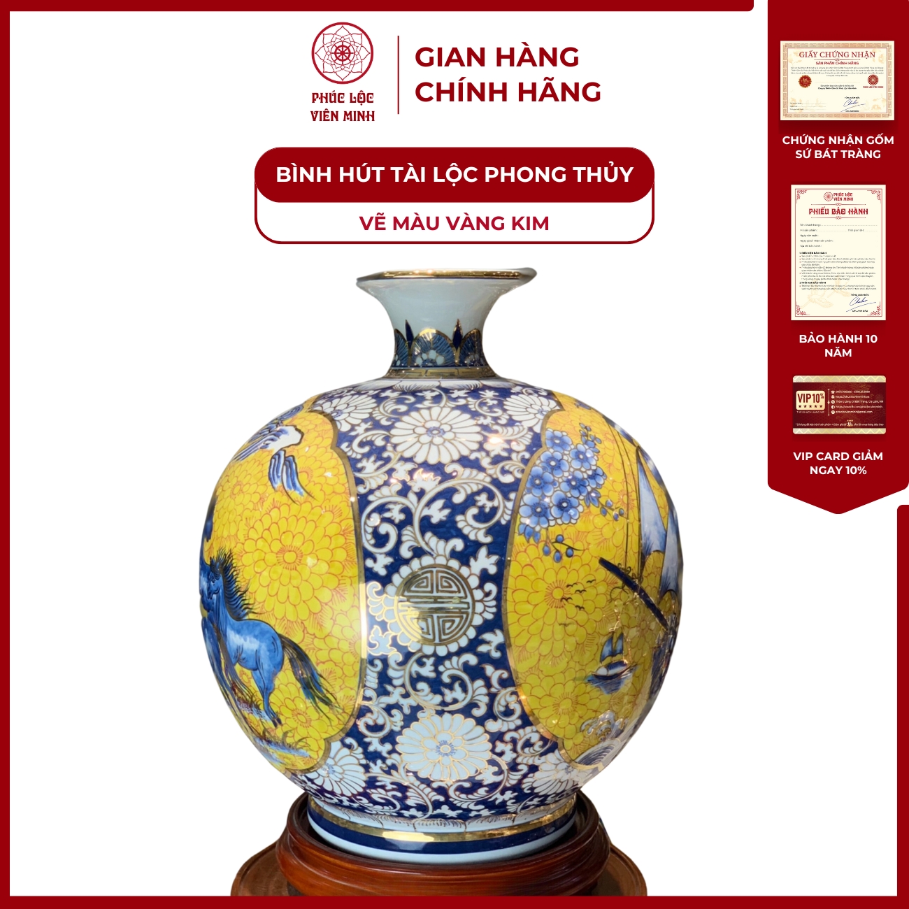 Bình Hút Lộc Nhị Cảnh Vẽ Màu Vàng Kim Gốm Sứ Bát Tràng - Phúc Lộc Viên Minh
