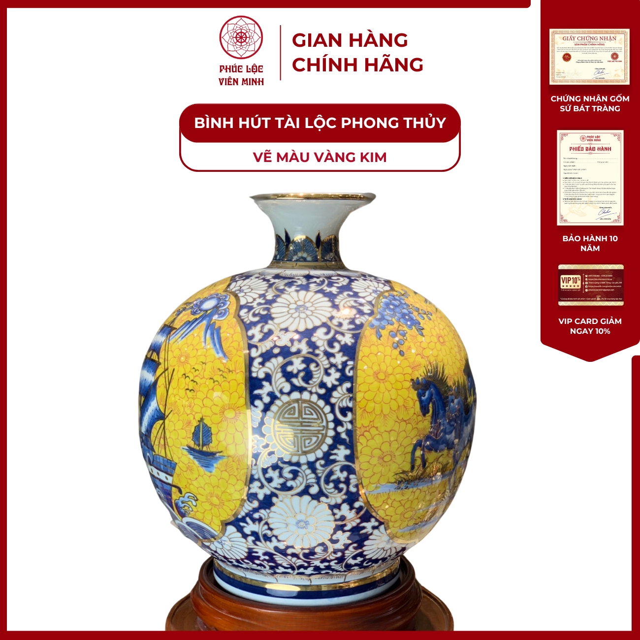 Bình Hút Lộc Nhị Cảnh Vẽ Màu Vàng Kim Gốm Sứ Bát Tràng - Phúc Lộc Viên Minh
