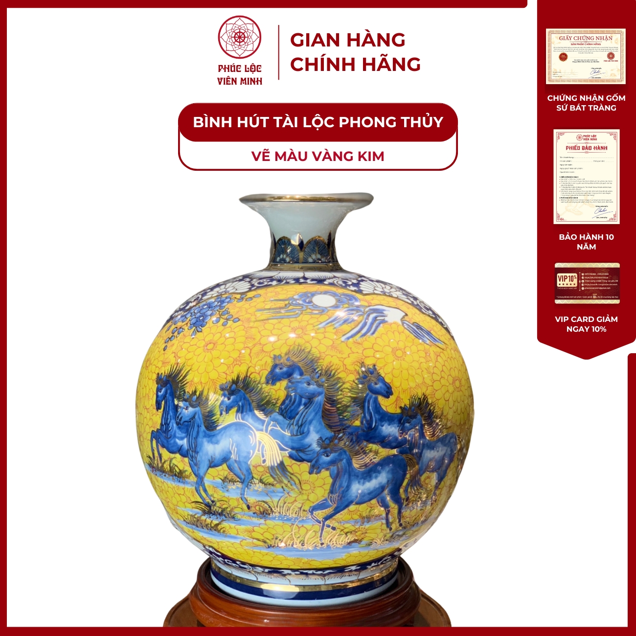 Bình Hút Lộc Nhị Cảnh Vẽ Màu Vàng Kim Gốm Sứ Bát Tràng - Phúc Lộc Viên Minh