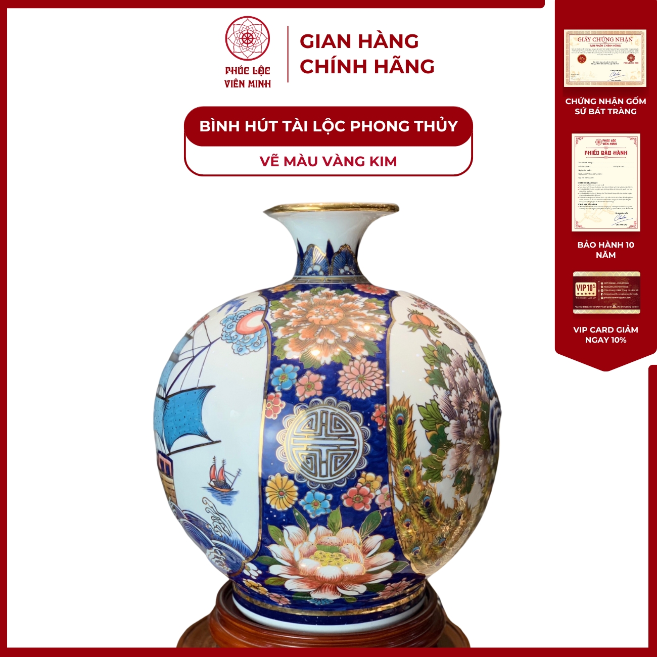 Bình Hút Lộc Nhị Cảnh Vẽ Màu Vàng Kim Gốm Sứ Bát Tràng - Phúc Lộc Viên Minh
