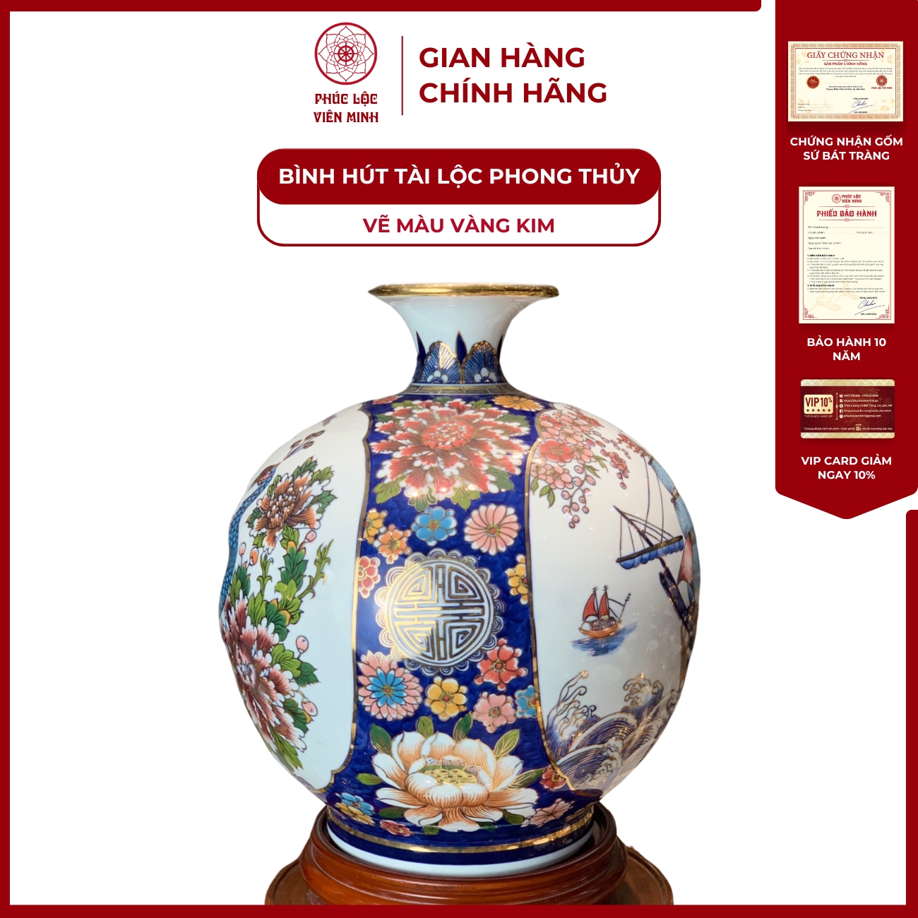Bình Hút Lộc Nhị Cảnh Vẽ Màu Vàng Kim Gốm Sứ Bát Tràng - Phúc Lộc Viên Minh
