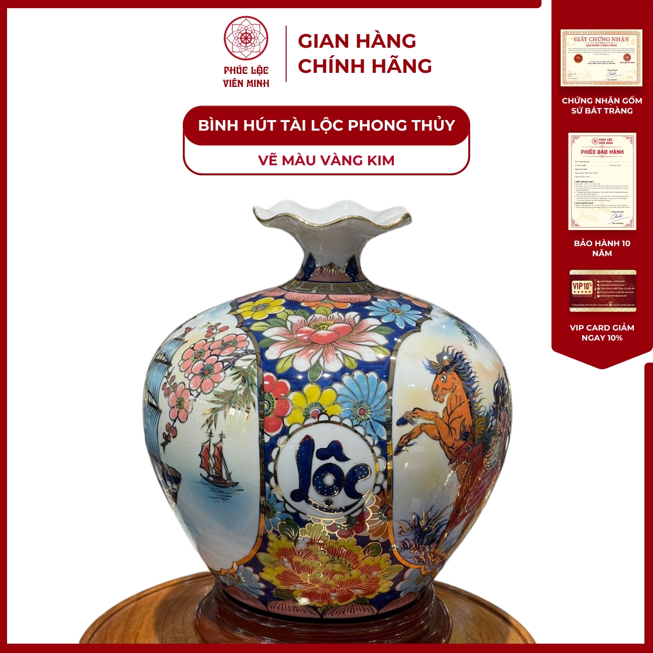 Bình Hút Lộc Nhị Cảnh Vẽ Màu Vàng Kim Gốm Sứ Bát Tràng - Phúc Lộc Viên Minh