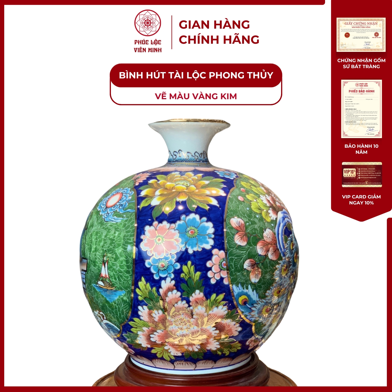 Bình Hút Lộc Nhị Cảnh Vẽ Màu Vàng Kim Gốm Sứ Bát Tràng - Phúc Lộc Viên Minh