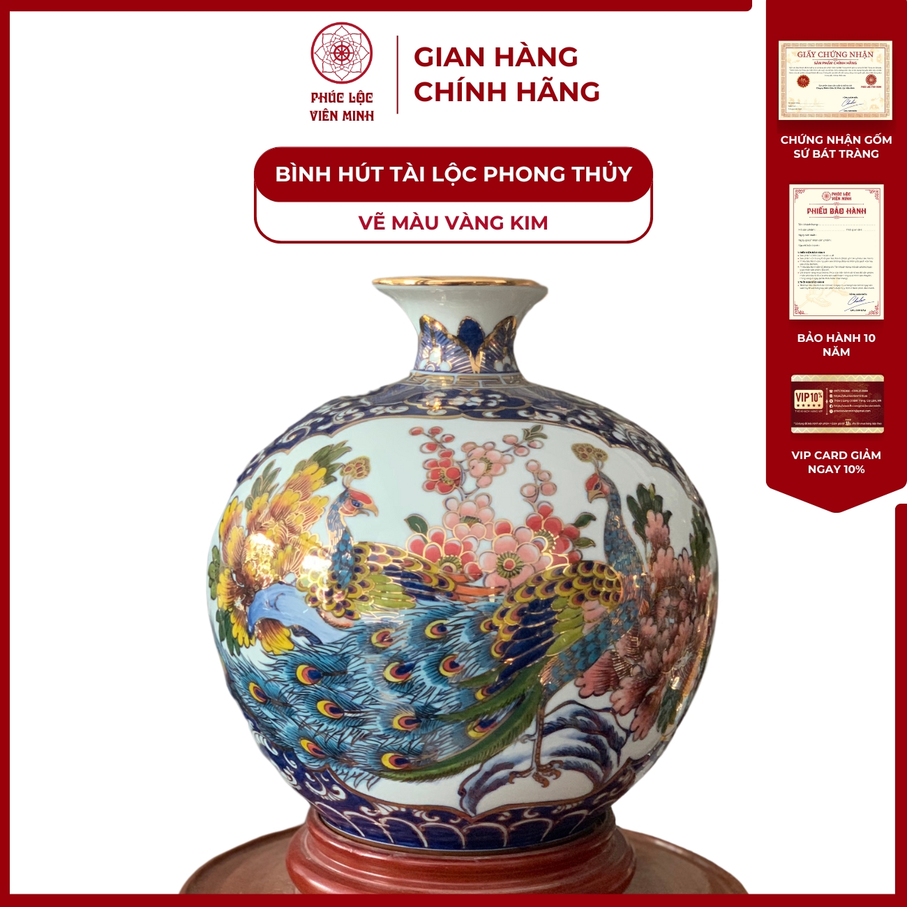 Bình Hút Lộc Nhị Cảnh Vẽ Màu Vàng Kim Gốm Sứ Bát Tràng - Phúc Lộc Viên Minh