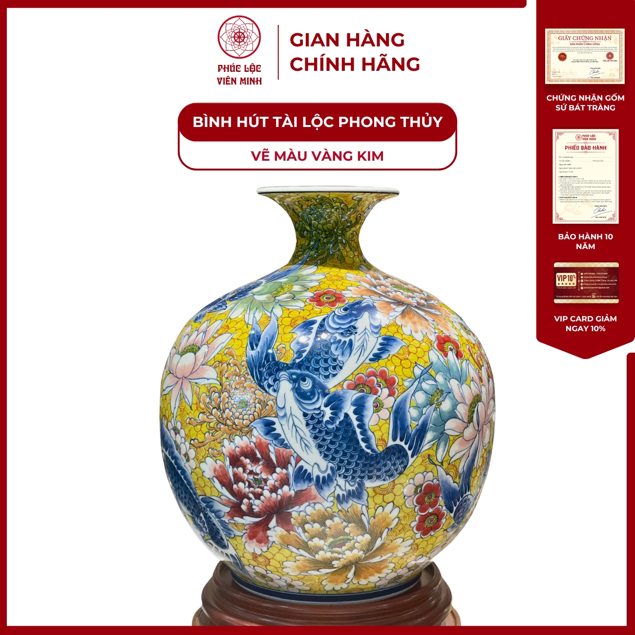 Bình Hút Lộc Đơn Cảnh Vẽ Màu Vàng Kim Gốm Sứ Bát Tràng - Phúc Lộc Viên Minh