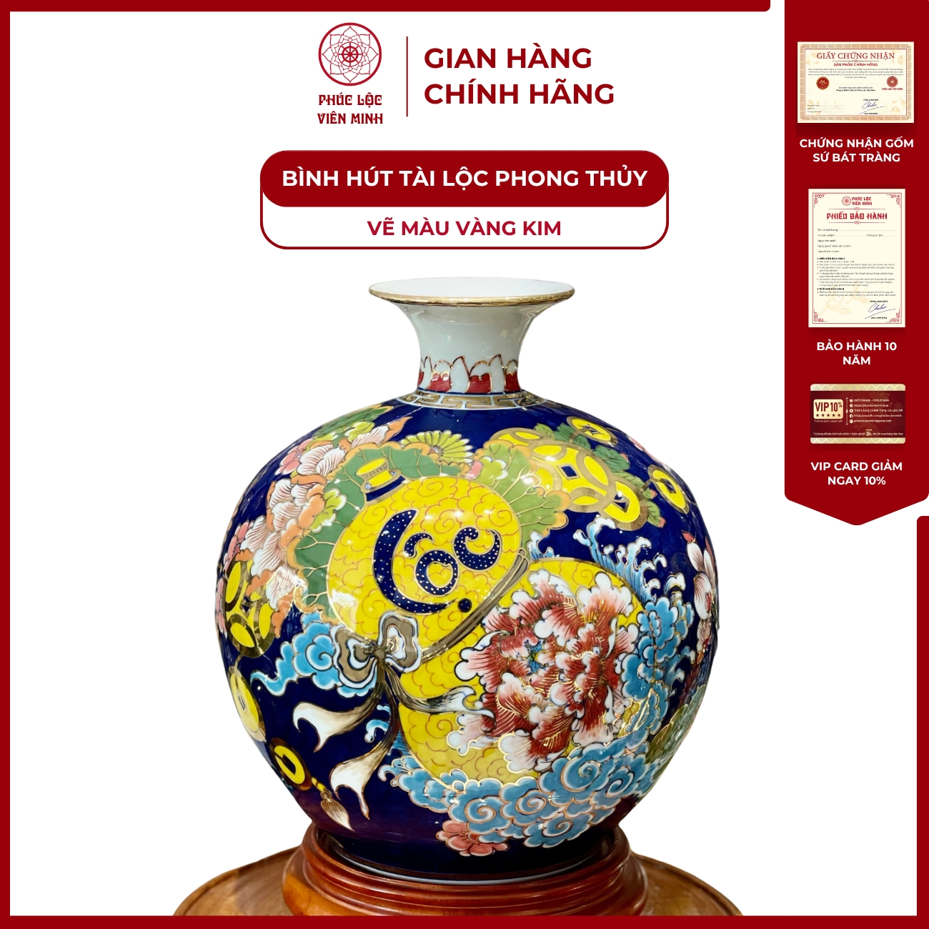 Bình Hút Lộc Đơn Cảnh Vẽ Màu Vàng Kim Gốm Sứ Bát Tràng - Phúc Lộc Viên Minh