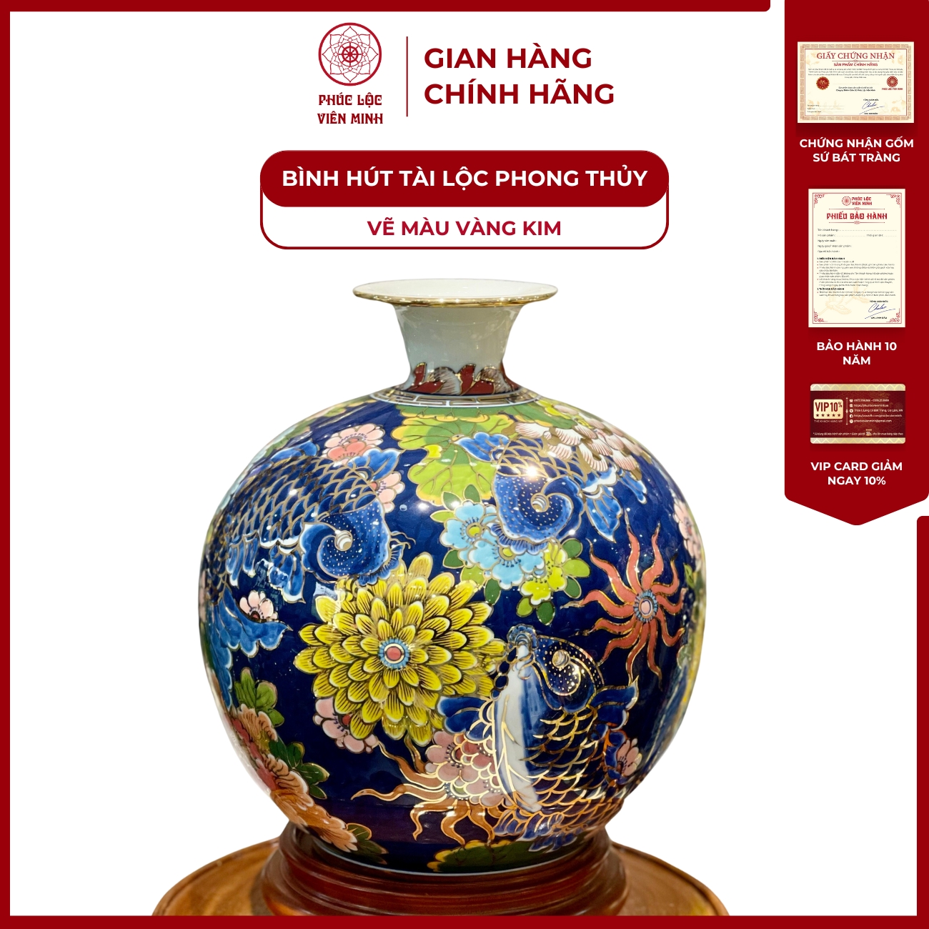 Bình Hút Lộc Đơn Cảnh Vẽ Màu Vàng Kim Gốm Sứ Bát Tràng - Phúc Lộc Viên Minh