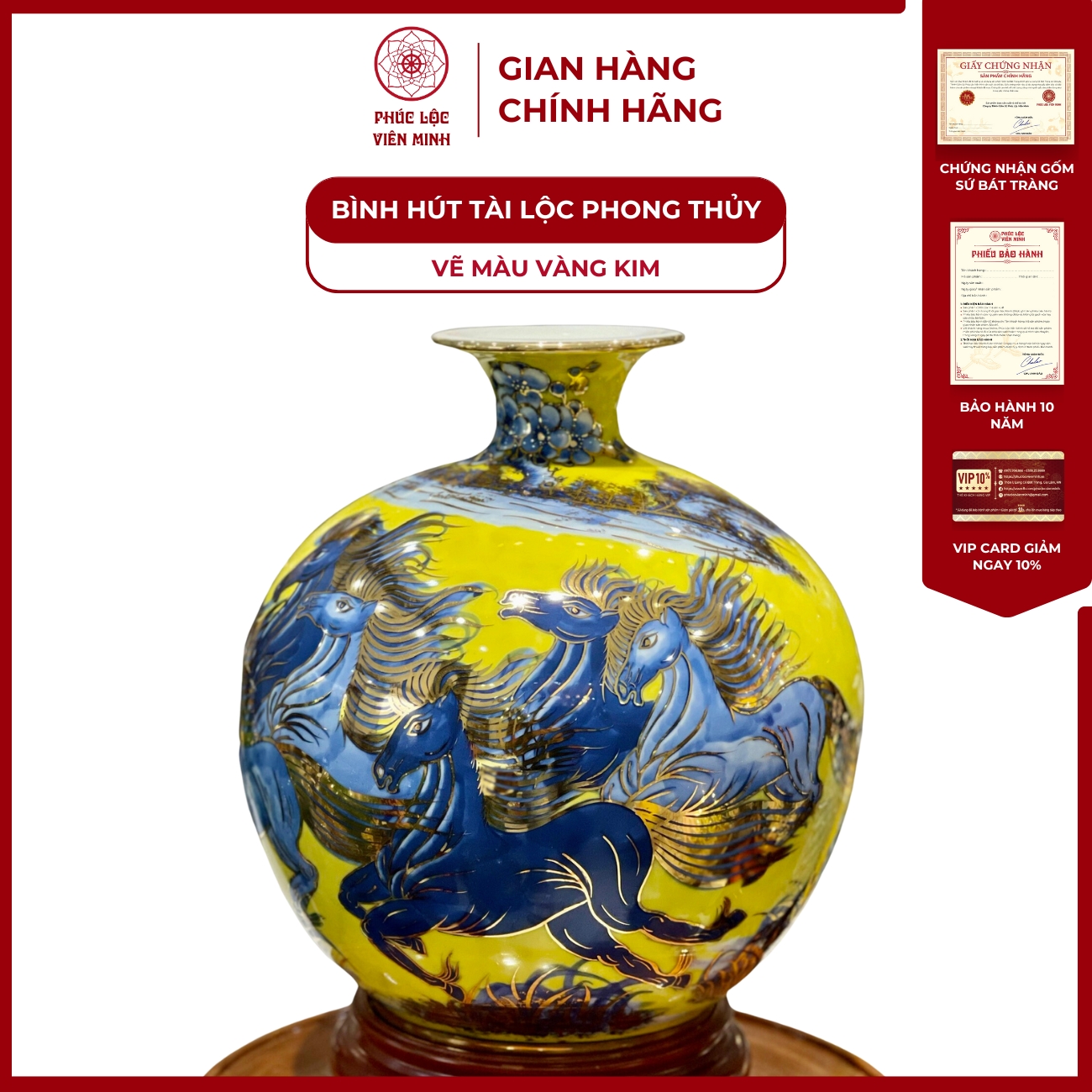 Bình Hút Lộc Đơn Cảnh Vẽ Màu Vàng Kim Gốm Sứ Bát Tràng - Phúc Lộc Viên Minh