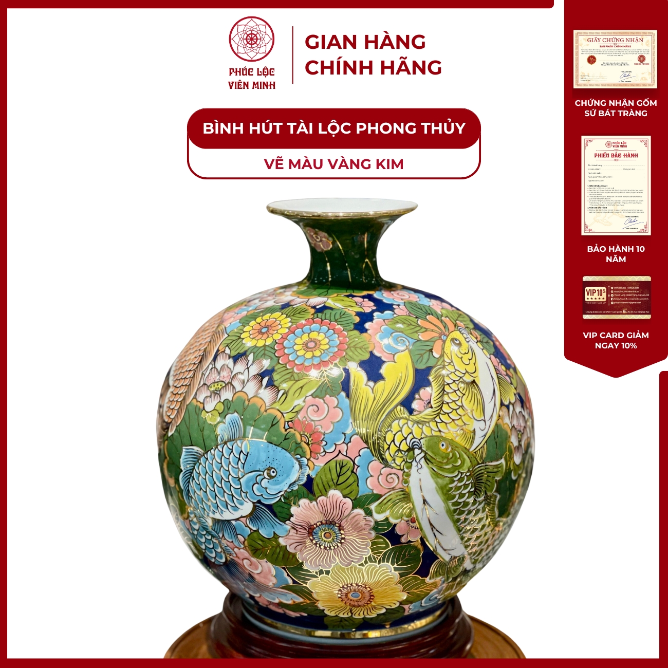 Bình Hút Lộc Đơn Cảnh Vẽ Màu Vàng Kim Gốm Sứ Bát Tràng - Phúc Lộc Viên Minh