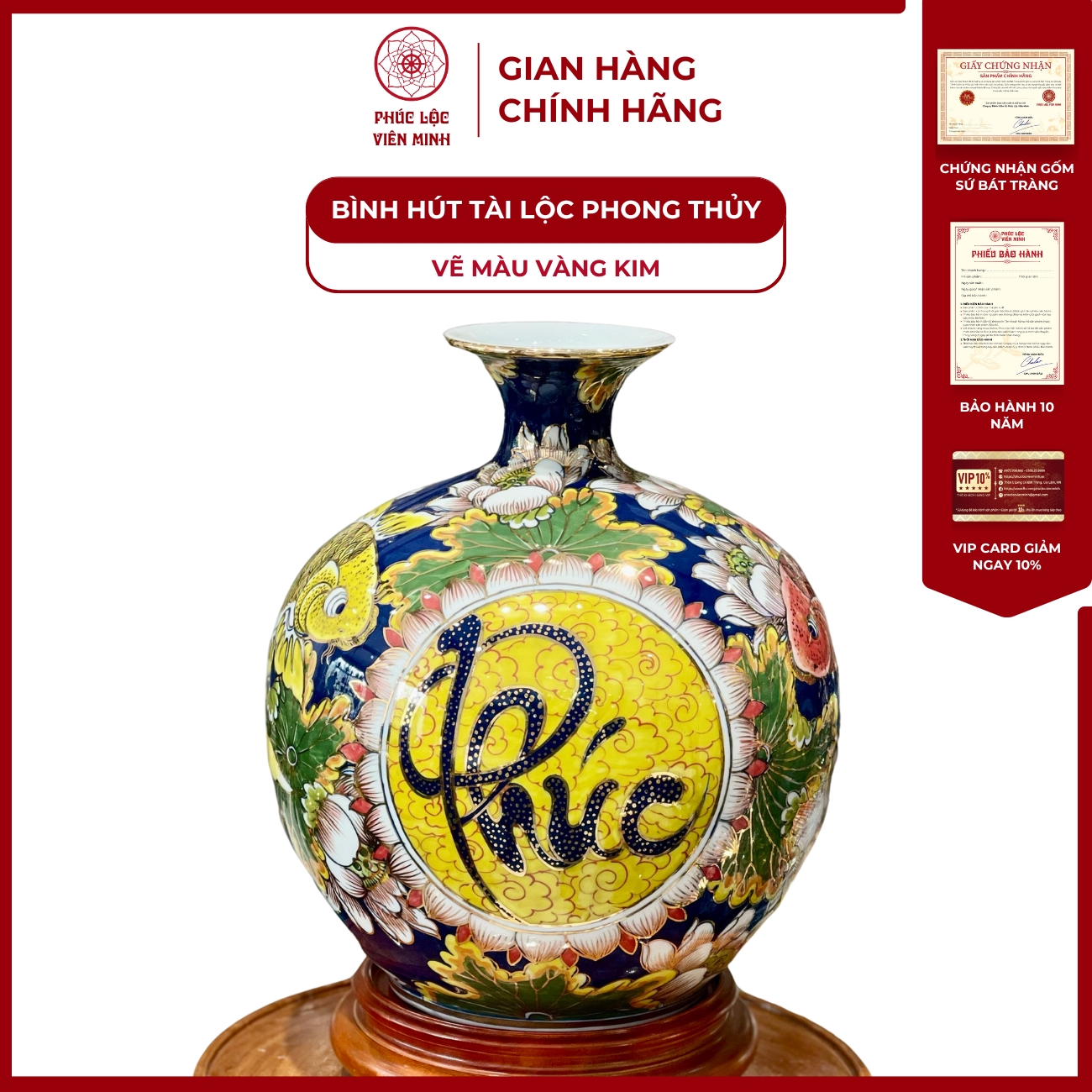 Bình Hút Lộc Đơn Cảnh Vẽ Màu Vàng Kim Gốm Sứ Bát Tràng - Phúc Lộc Viên Minh