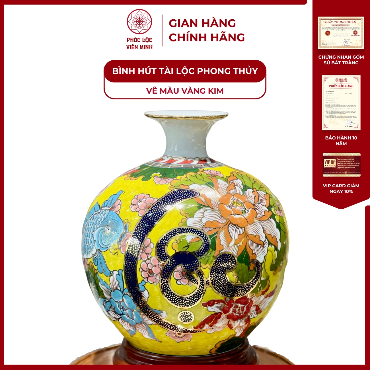 Bình Hút Lộc Đơn Cảnh Vẽ Màu Vàng Kim Gốm Sứ Bát Tràng - Phúc Lộc Viên Minh