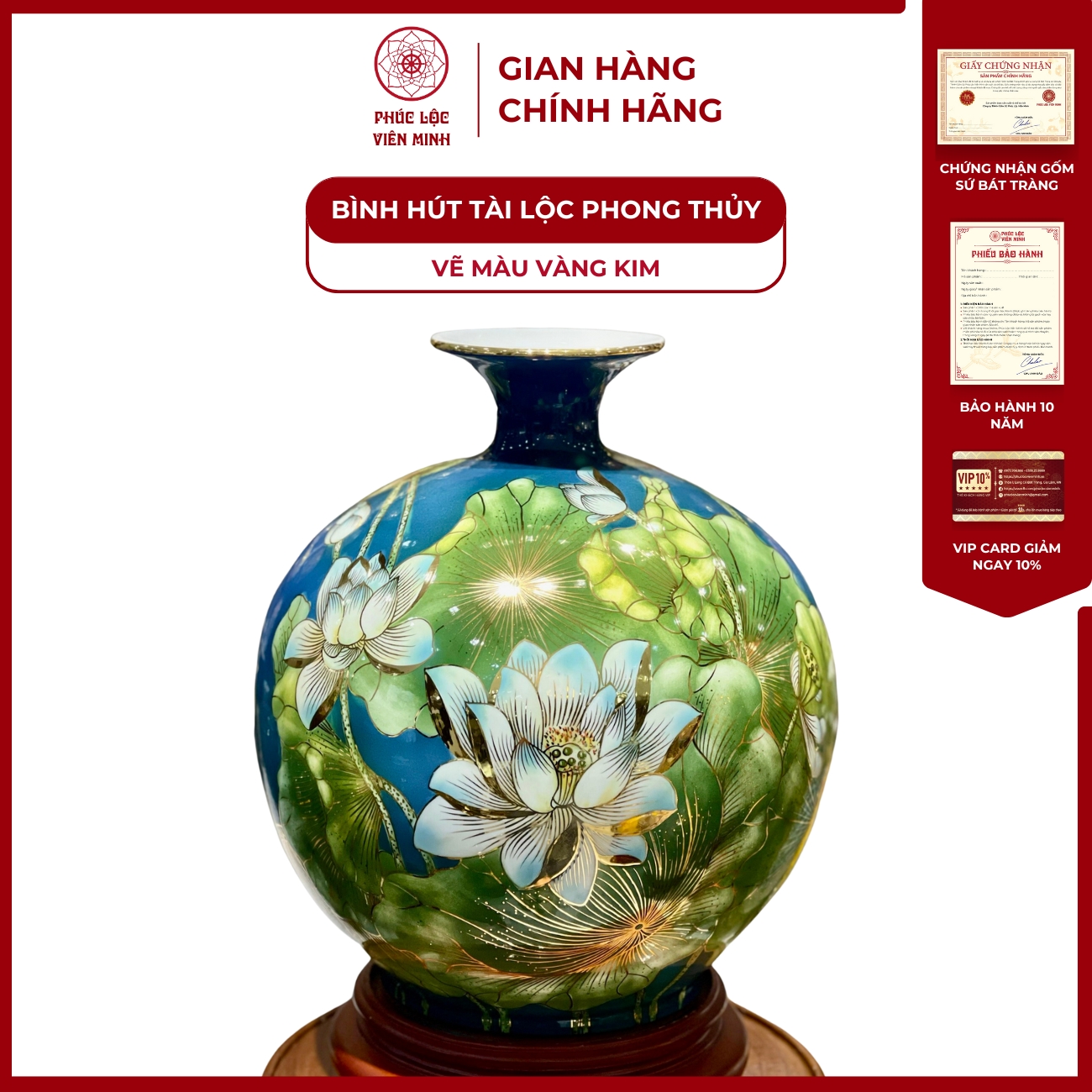 Bình Hút Lộc Đơn Cảnh Vẽ Màu Vàng Kim Gốm Sứ Bát Tràng - Phúc Lộc Viên Minh